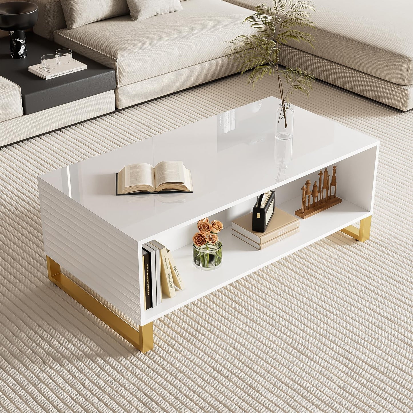 Table basse,Table basse salon,Table basse brillante,Table basse carrée avec tiroirs,équipée de deux portes,Poignées et pieds dorés,avec compartiment de rangement ouvert,Table basse 107x40,5x55 cm