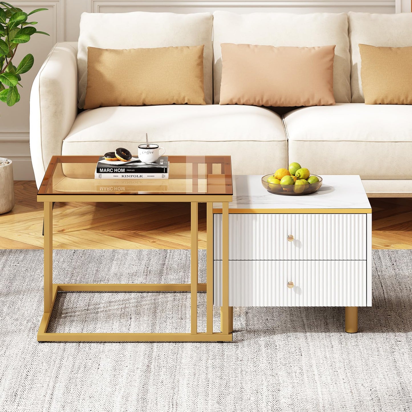 Table Basse,Lot de 2 Tables Basses carrées,Aspect marbre Brillant Blanc et Plateau en Verre,Or Structure en métal et poignée dorée,avec Deux tiroirs,Table de Salon 59,5x60x45,6cm & 50x50x40cm