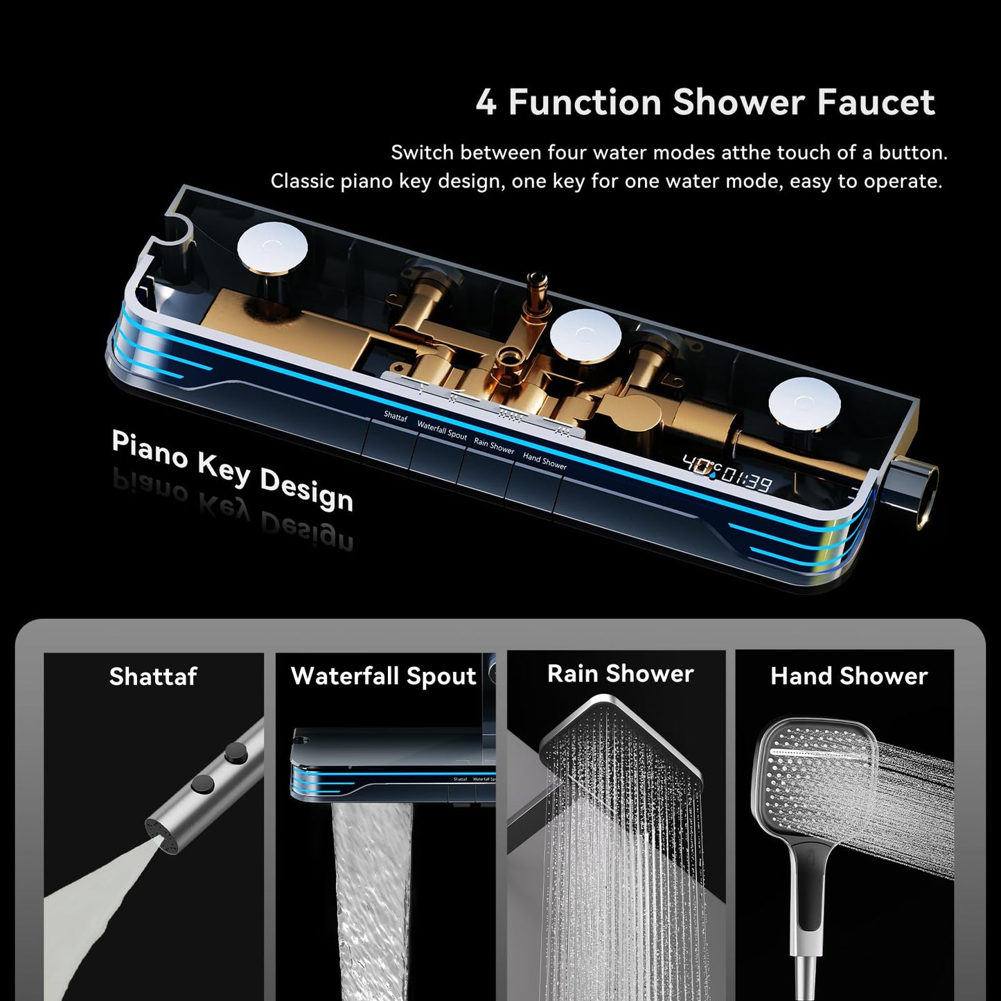 OihPaw Colonne De Douche Thermostatique, SystèMe De Douche Mural à LumièRe Ambiante à Affichage NuméRique LED à 5 Fonctions,Avec 33x 20cm Douche De TêTe,Douchette à Main