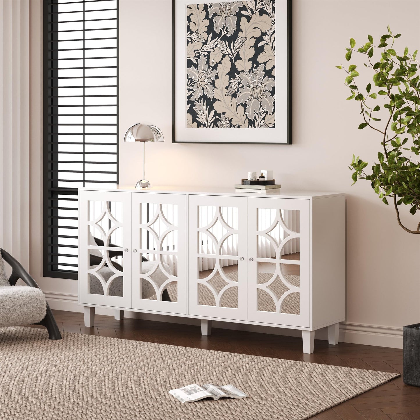 Buffet Moderne avec 4 Portes Miroir, Buffet Miroir avec Poignées en Cristal Froid, Stratifié Mobile, Armoire de Cuisine, Bahut pour Salon et Salle à manger, 160 x 40 x 85 cm, Blanc/Bois et Marron