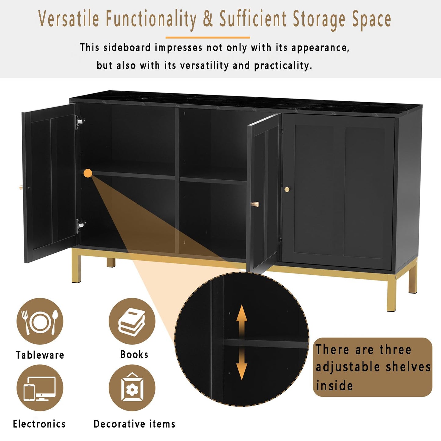 Peiaw Buffet,Armoire de Cuisine, Meuble de Rangement,Buffet de Table en marbre Noir,avec 3 Portes,Buffet avec poignées dorées et Pieds dorés,140 x 39.8X 78.2 cm,pour Cuisine,Salon et Salle à Manger