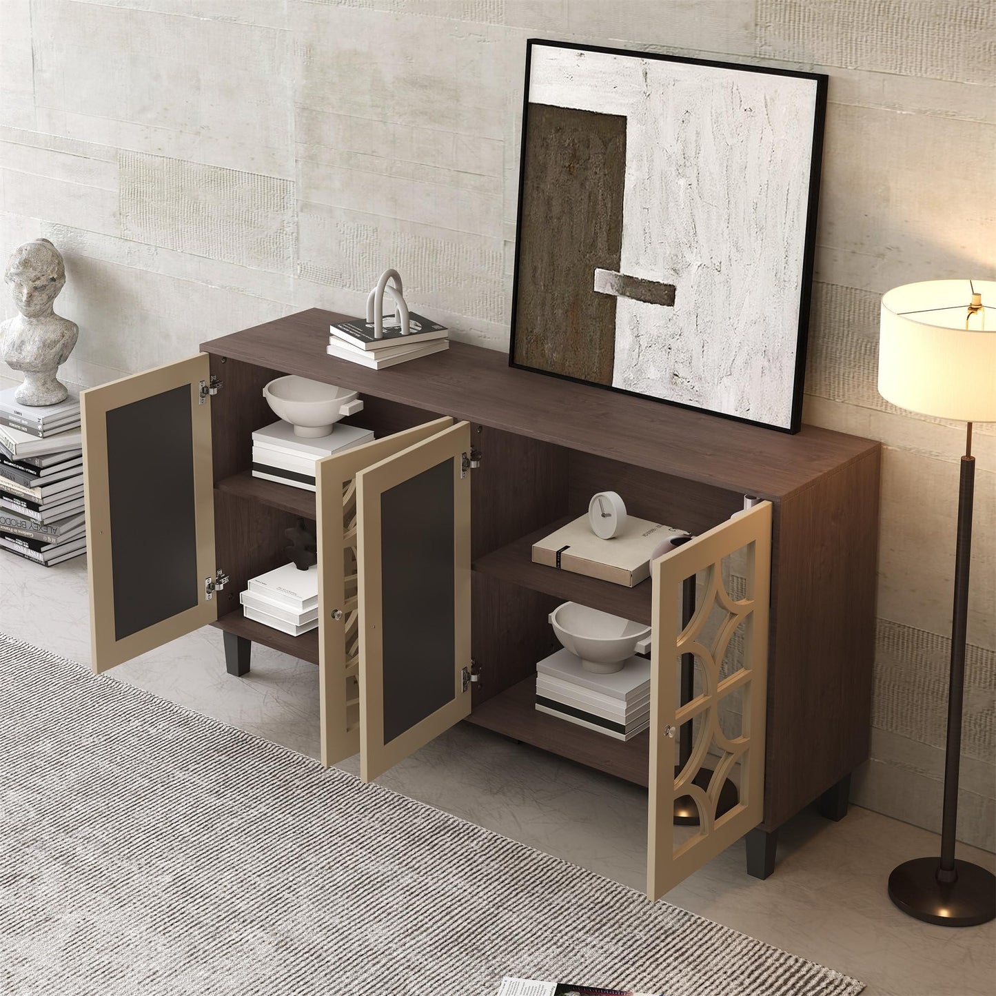 Buffet Moderne avec 4 Portes Miroir, Buffet Miroir avec Poignées en Cristal Froid, Stratifié Mobile, Armoire de Cuisine, Bahut pour Salon et Salle à manger, 160 x 40 x 85 cm, Blanc/Bois et Marron
