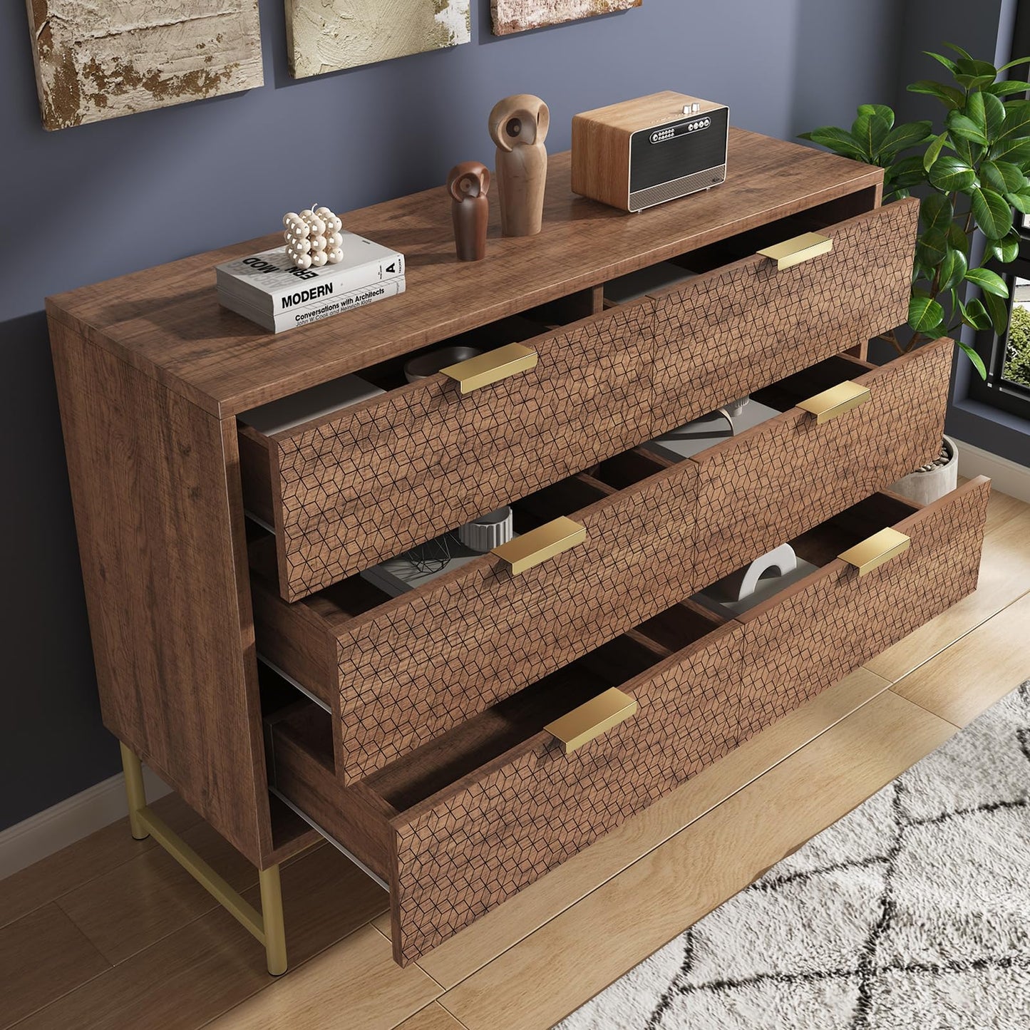 Peiaw Buffet Cuisine,Armoires de Cuisine,Commode,Mobilier Moderne,Buffet avec poignées en métal,Commode avec 6 tiroirs,Anti-basculement,120 x 40 x 75 cm,pour la Cuisine,la Salle à Manger, la Chambre