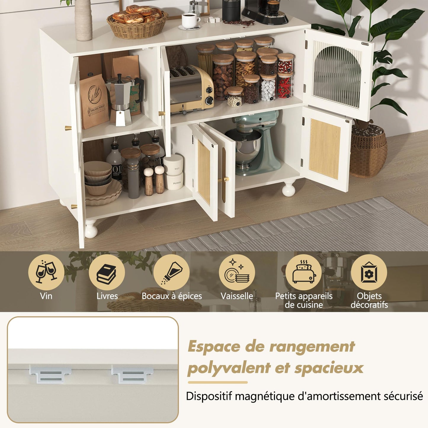 SHUGUANG 120 x 40 x 90 cm Buffet Cuisine, Armoire de Cuisine avec 3 Longues Portes Vitrées au Design Arc-en-Ciel et 4 Portes à Clés Piano, Buffet Moderne à Cuisine, Salon, Salle à Manger