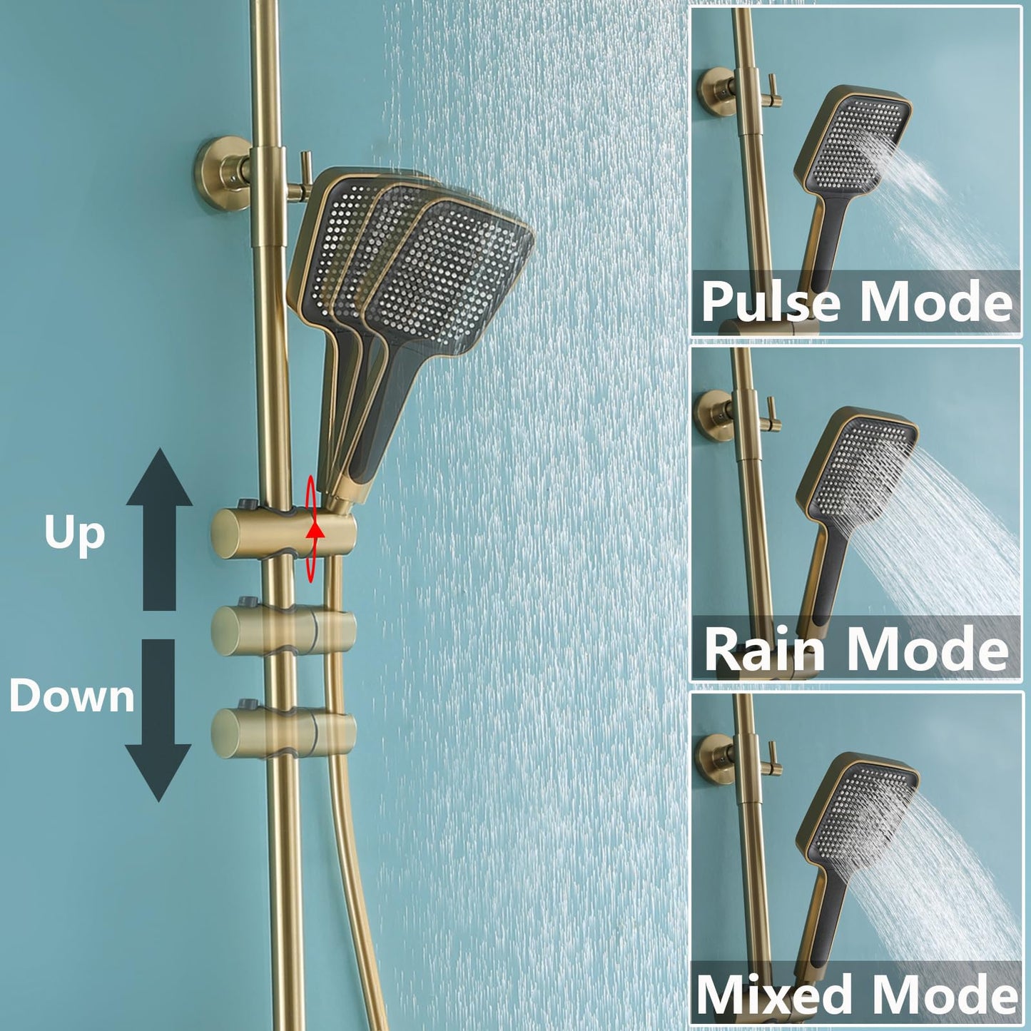 OihPaw Colonne de Douche Thermostatique avec Mitigeur,Système de Douche Affichage Numérique Kit de Douche Réglable Hauteur Ensemble Douche avec Douche de Tête,Or Brossé