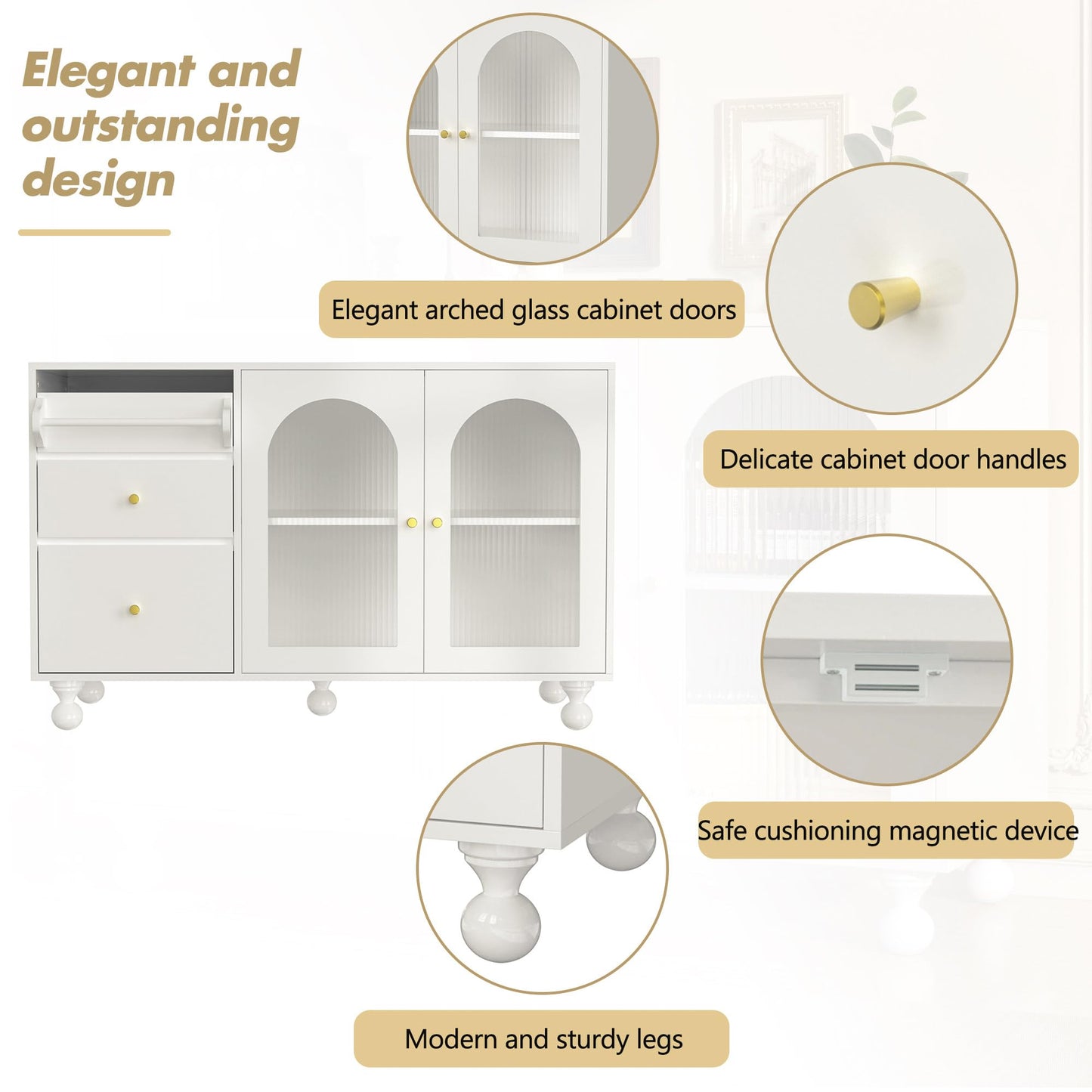 Buffet Salon Minimaliste Buffet Cuisine avec Porte en Verre Changhong et Porte-serviettes, Armoire de Rangement Élégante, Bahut pour Salle à Manger, Mobilier Moderne Multifonctionnel, Blanc/Noir