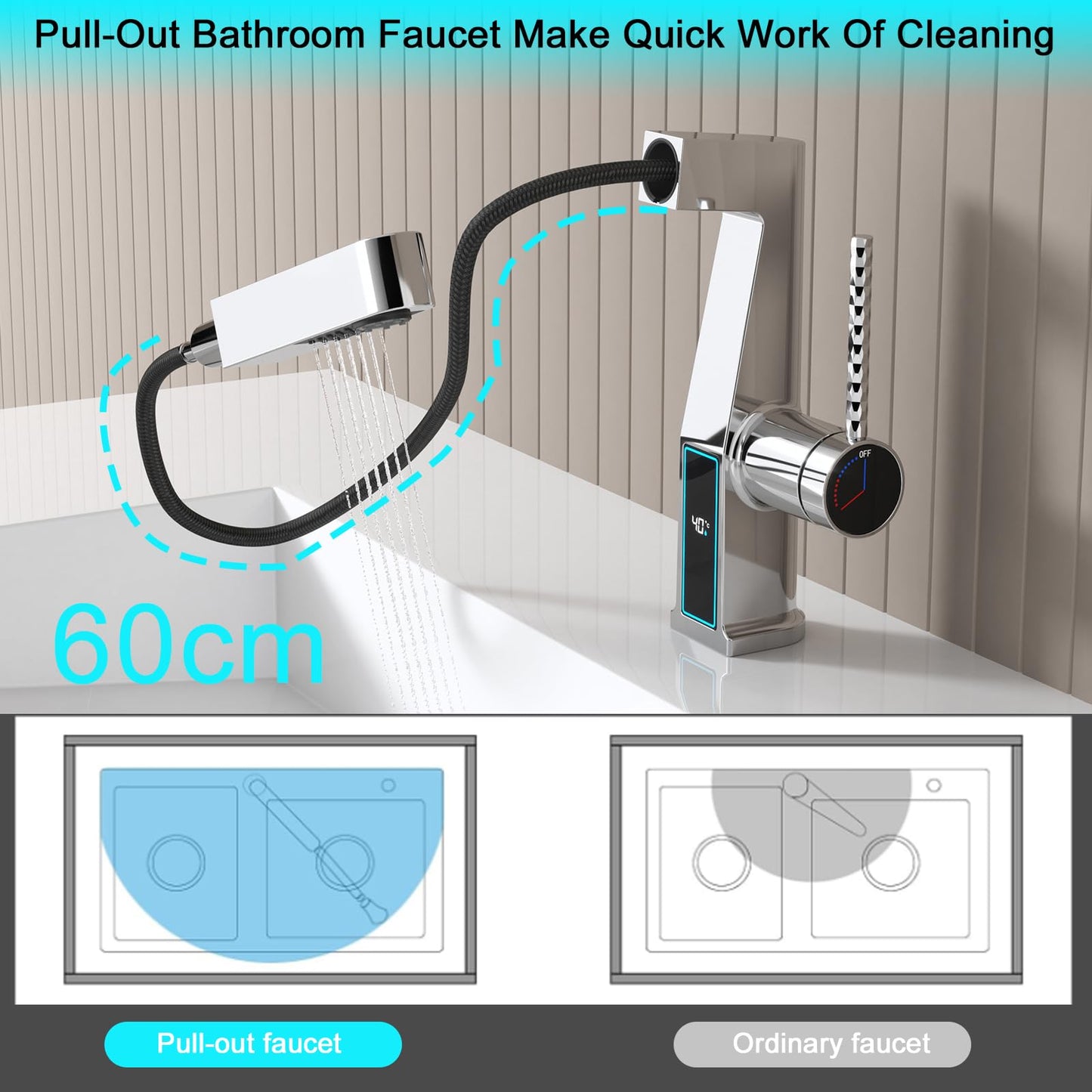 Robinet de Lavabo avec Douchette 3 Modes, Extractible Robinet de Salle de Bain avec Affichage Numérique LED Mitigeur Lavabo Monocommande Chaude et Froide Robinet Salle de Bain