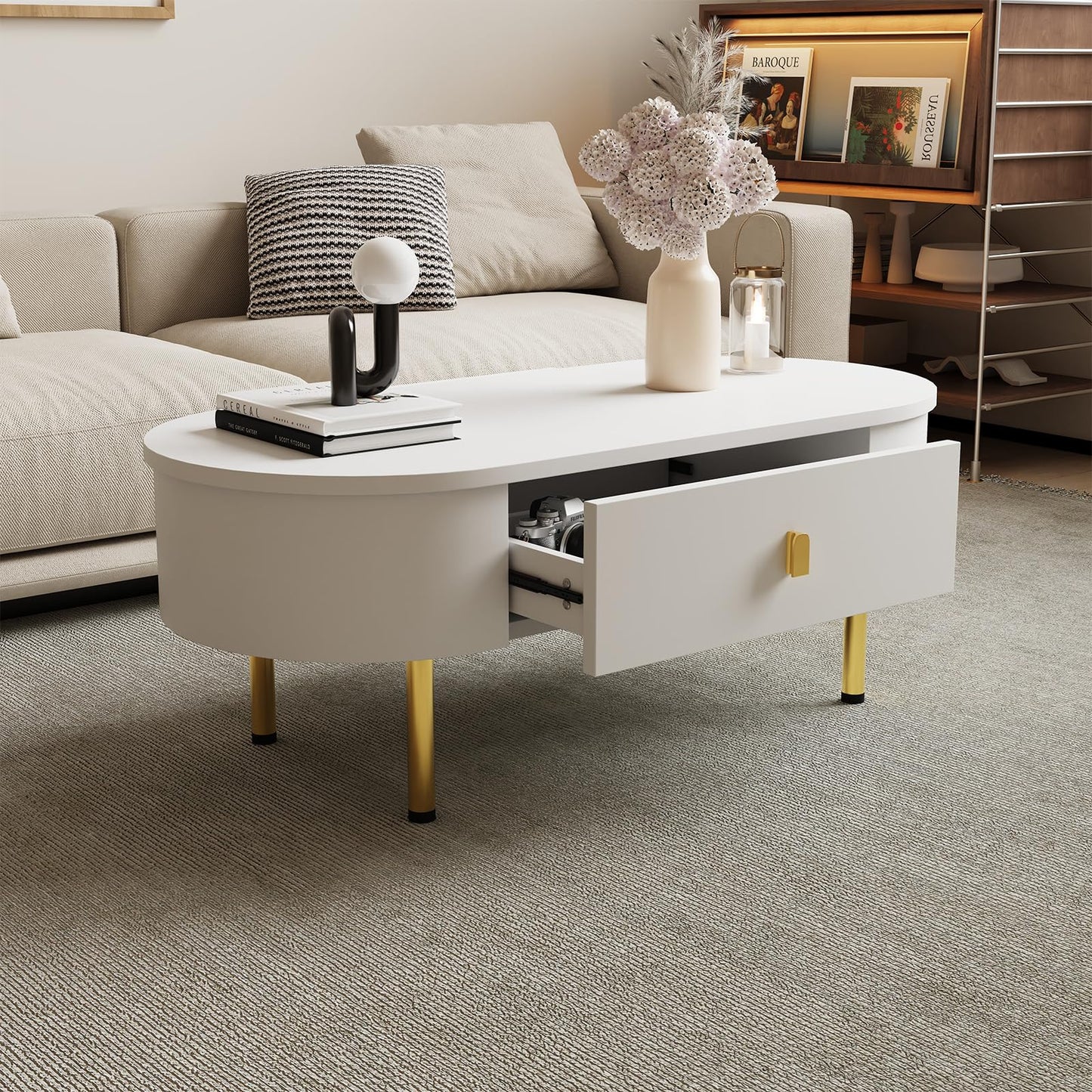 Peiaw Table Basse,Table de Salon,Table Basse Moderne,Table Basse avec tiroir,Table Basse de Salon Blanche,Poignées dorées et Coins incurvés,1 tiroir,Table Basse 108 x 50 x 40 cm