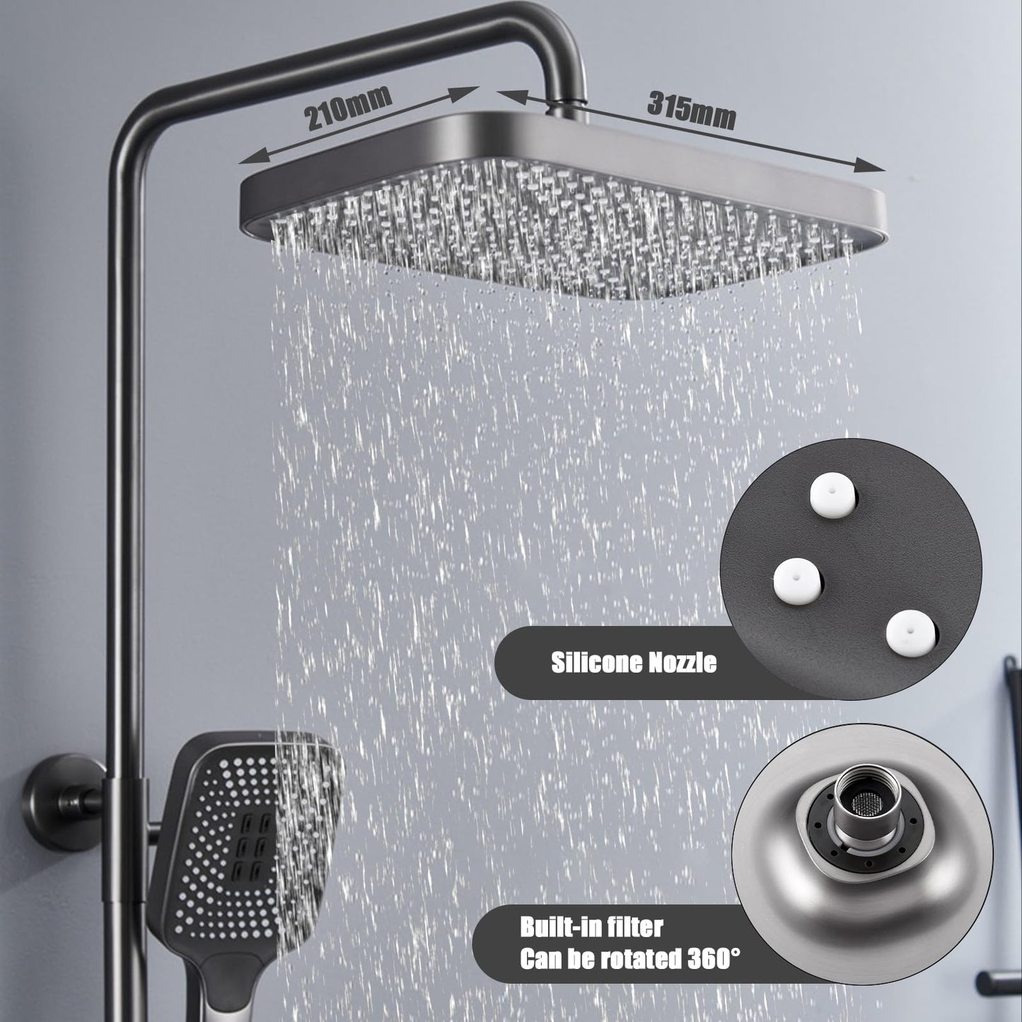 Colonne de Douche Thermostatique Piano Système de Douche Mural Gun Gray Ensemble de Douche Réglable en Hauteur Set de Douche avec Mitigeur,3 Modes Douchette,12 Pouces Douche de Tête,Bidet-Spray