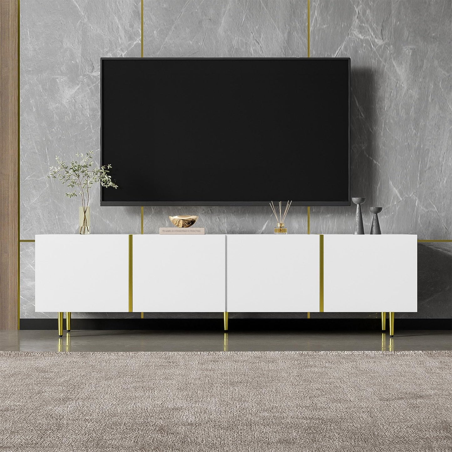 Meuble TV 170cm, Meuble Télé de Salon Quatre Portes Haute Brillance, Armoire De Télévision avec 2 Ports de Gestion des Câbles, Table Télévision Peut Accueillir Un Téléviseur de 70 Pouces, 170x35x46cm
