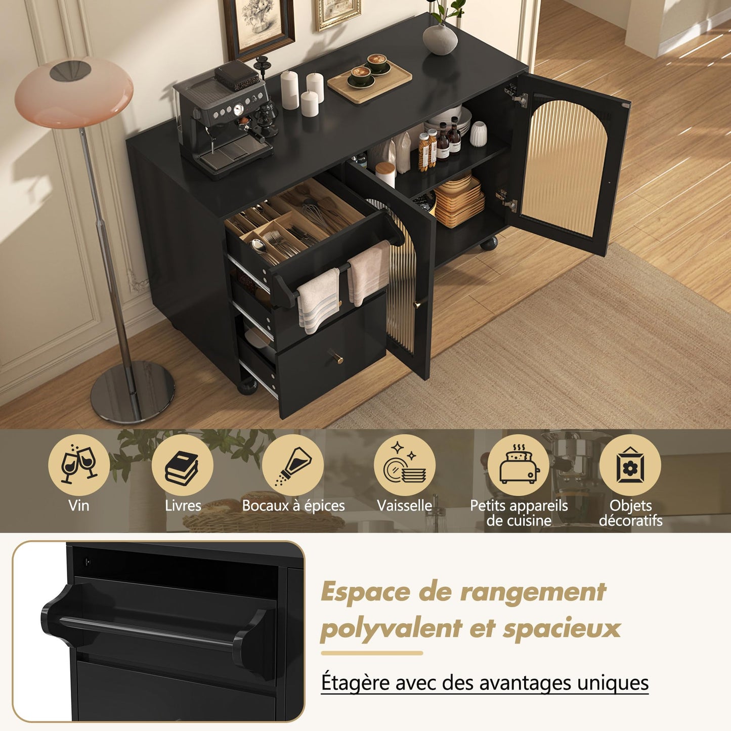 120 x 40 x 75.5 cm Noir Bahut de Salle a Manger, Armoire de Cuisine avec 3 Tiroirs et 2 Porte D'armoire Vitrée et Porte-Serviettes, Armoire de Rangement Polyvalente à Cuisine, Salon, Salle à Manger