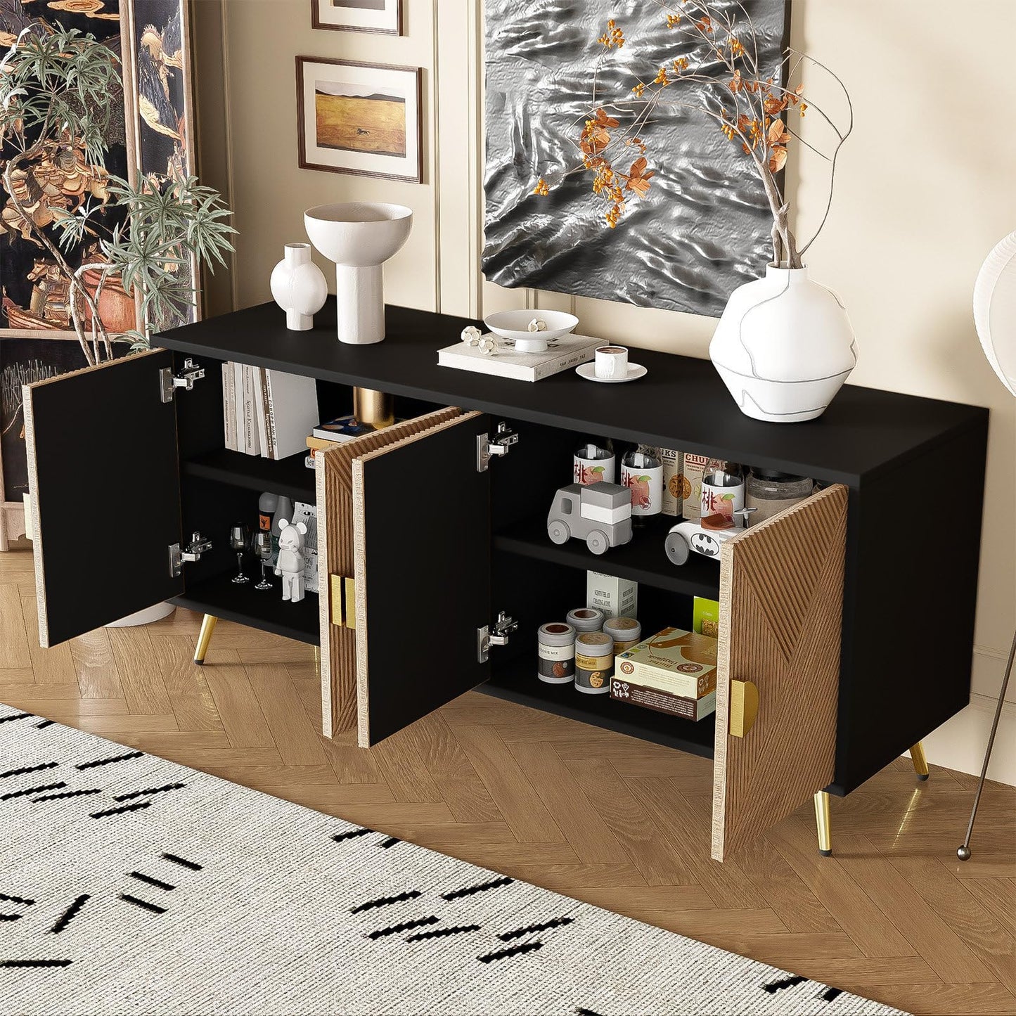 Sideboard mit 4 Türen, Kommode, Küchenschrank, Mehrzweckschrank für Wohnzimmer, Esszimmer, Schlafzimmer, Goldene Gebürstete Griffe, Hochglanz Tischbeine, Premium MDF und PB, 160 x 75 x 40 cm (B/H/T)
