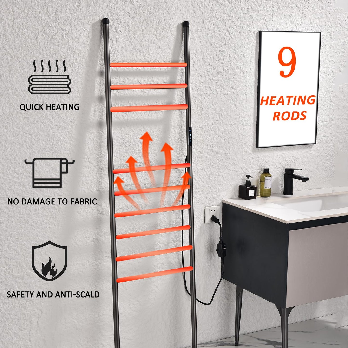 Sèche-Serviette Électrique 110W Porte-Serviettes sur Pied Gris WiFi Intelligent Commande Vocale Chauffe-Serviettes avec Minuterie 45—70°C Chauffant Électrique Radiateur de Salle de Bain 160*45CM