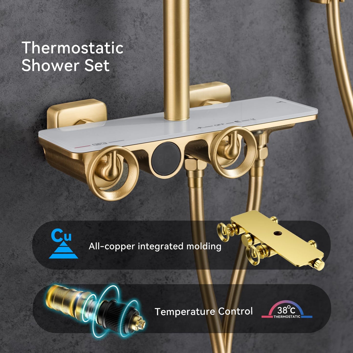 Colonne De Douche Thermostatique, Ensemble De Douche à Affichage NuméRique LED, Pomme De Douche 13 Pouces, Corps en Laiton, RéGlable en Hauteur, Pistolet Booster, avec Mitigeur Bain Encastré