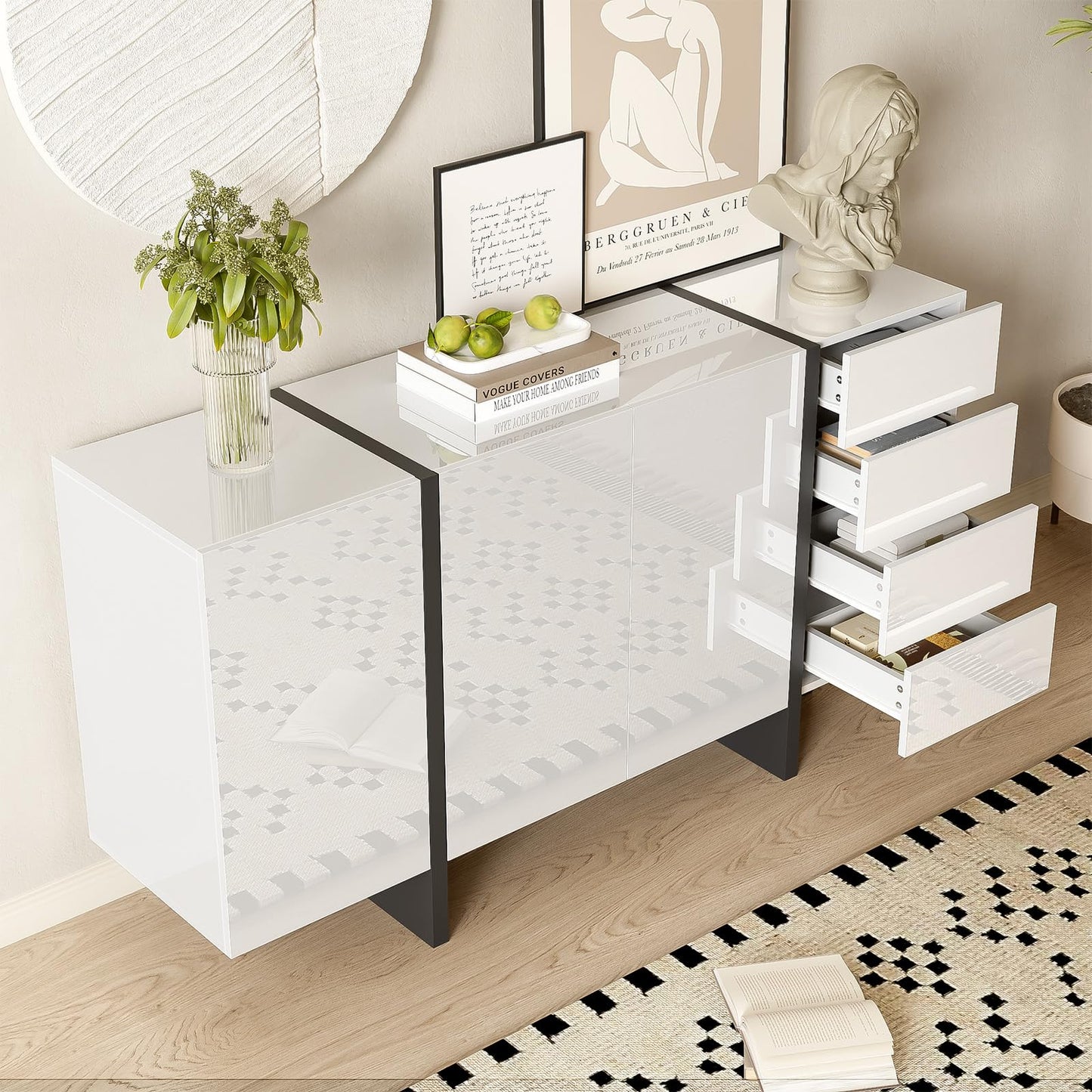 Peiaw Buffet,Armoire de Cuisine,Commode Blanc Brillant,Meuble de Rangement avec tiroirs,Buffet avec 3 Portes et 4 tiroirs,Convient pour la Salle à Manger, Le Couloir de la Cuisine 150 x 40 x 80.5 cm