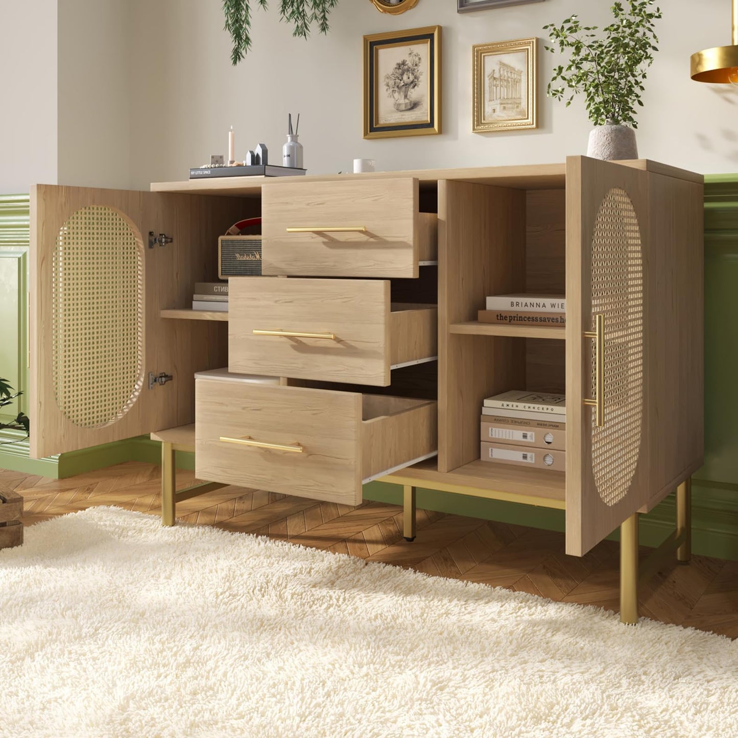 Buffet,Meuble de Rangement,Armoires de cuisine,Buffet avec 3 tiroirs et 2 portes en rotin, étagères réglables,Commode avec poignées et pieds en métal,Protection anti-basculement,120 x 40 x 74 cm