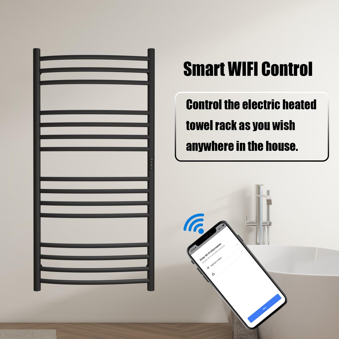 Sèche-Serviette Électrique Noir,185 W Chauffe-Serviettes 1100×600 mm WiFi Intelligent Porte-Serviettes Chauffant Électrique 15 Barres Courbes Commande Tactile à LED