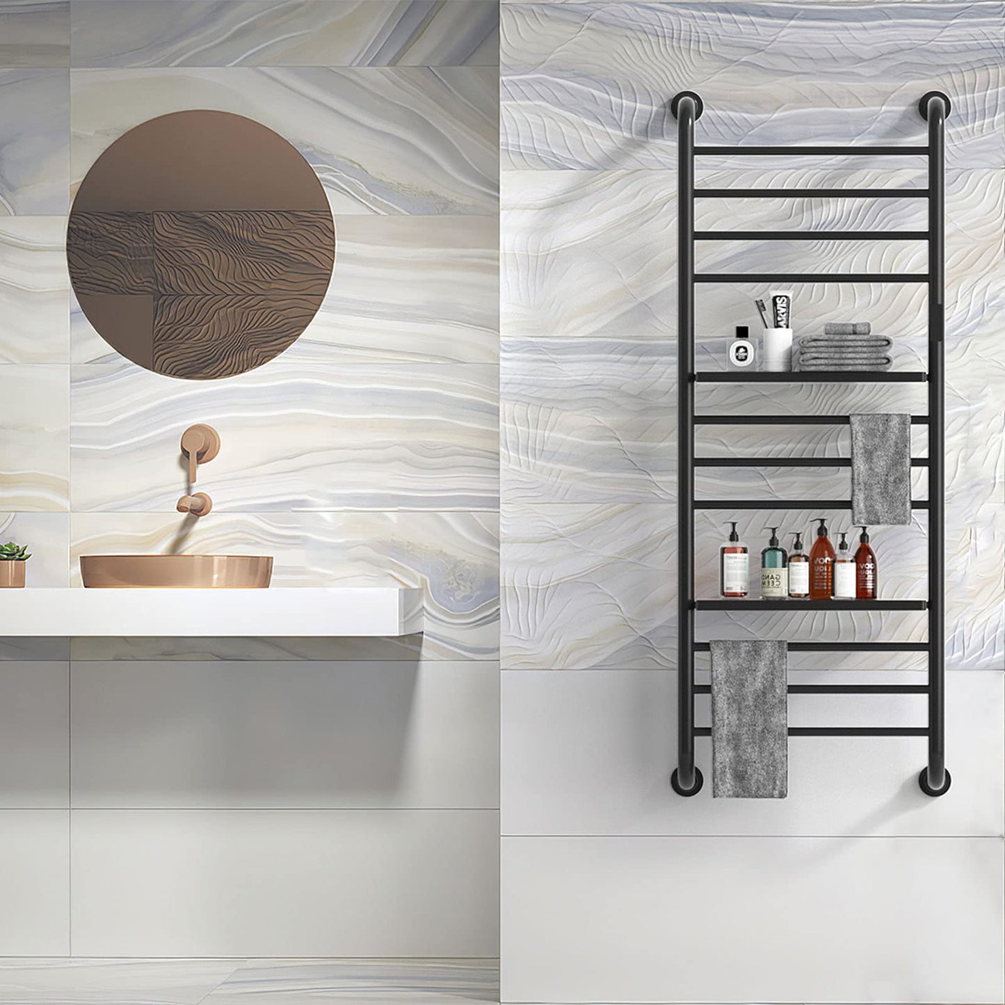 Sèche-Serviette Électrique Mural, 200W 1300 * 500mm Porte-Serviettes Chauffant avec 2 étagère, Chauffe-Serviettes Électrique avec Thermostat Minuterie, Radiateur de Salle de Bain, Noir