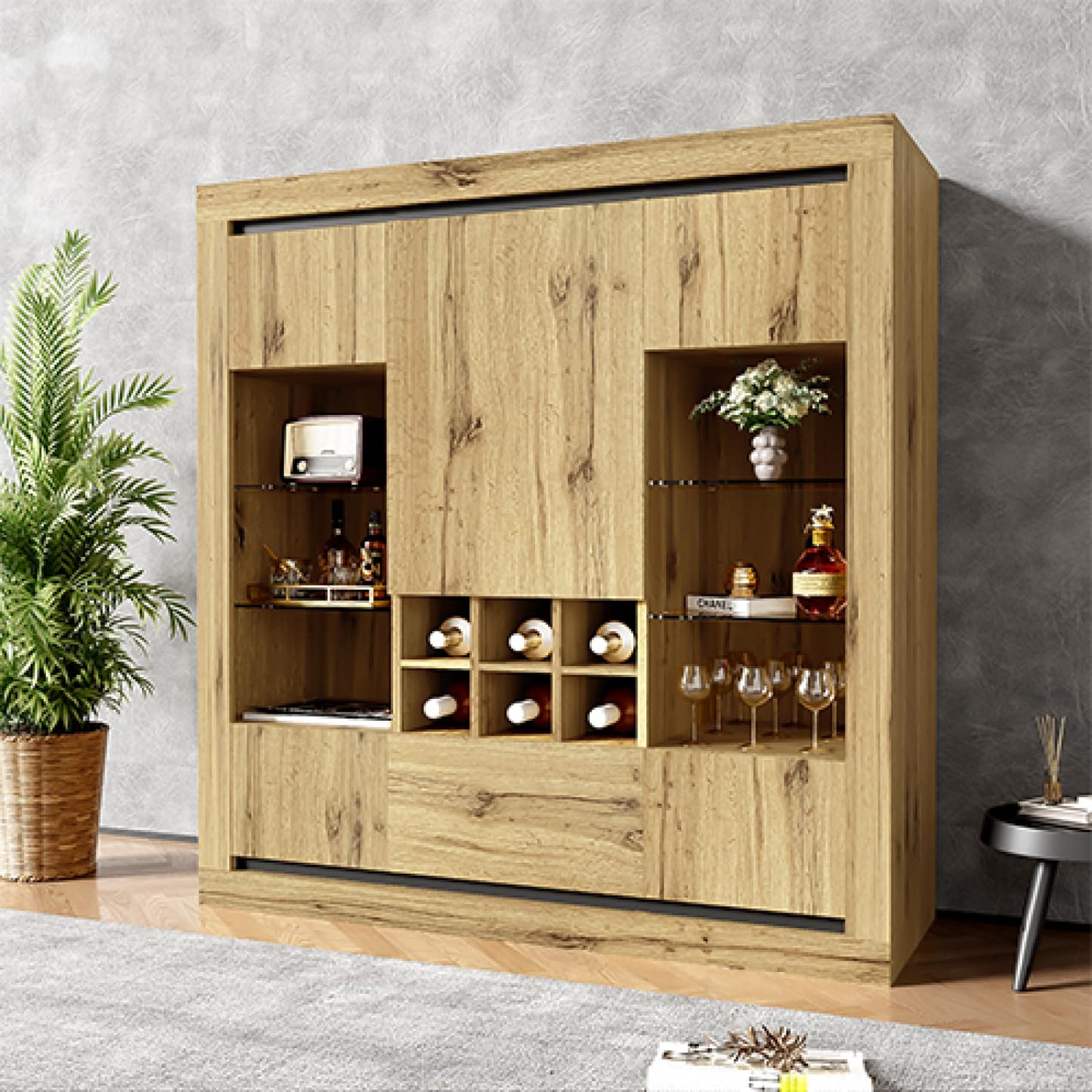 Peiaw Buffet,Buffet bahut Salon,Buffet Multifonctionnel,Meuble de Rangement,Buffet avec 5 Portes et casier à vin, étagère en Verre réglable, Buffet avec éclairage LED,110 x 38 x 115 cm