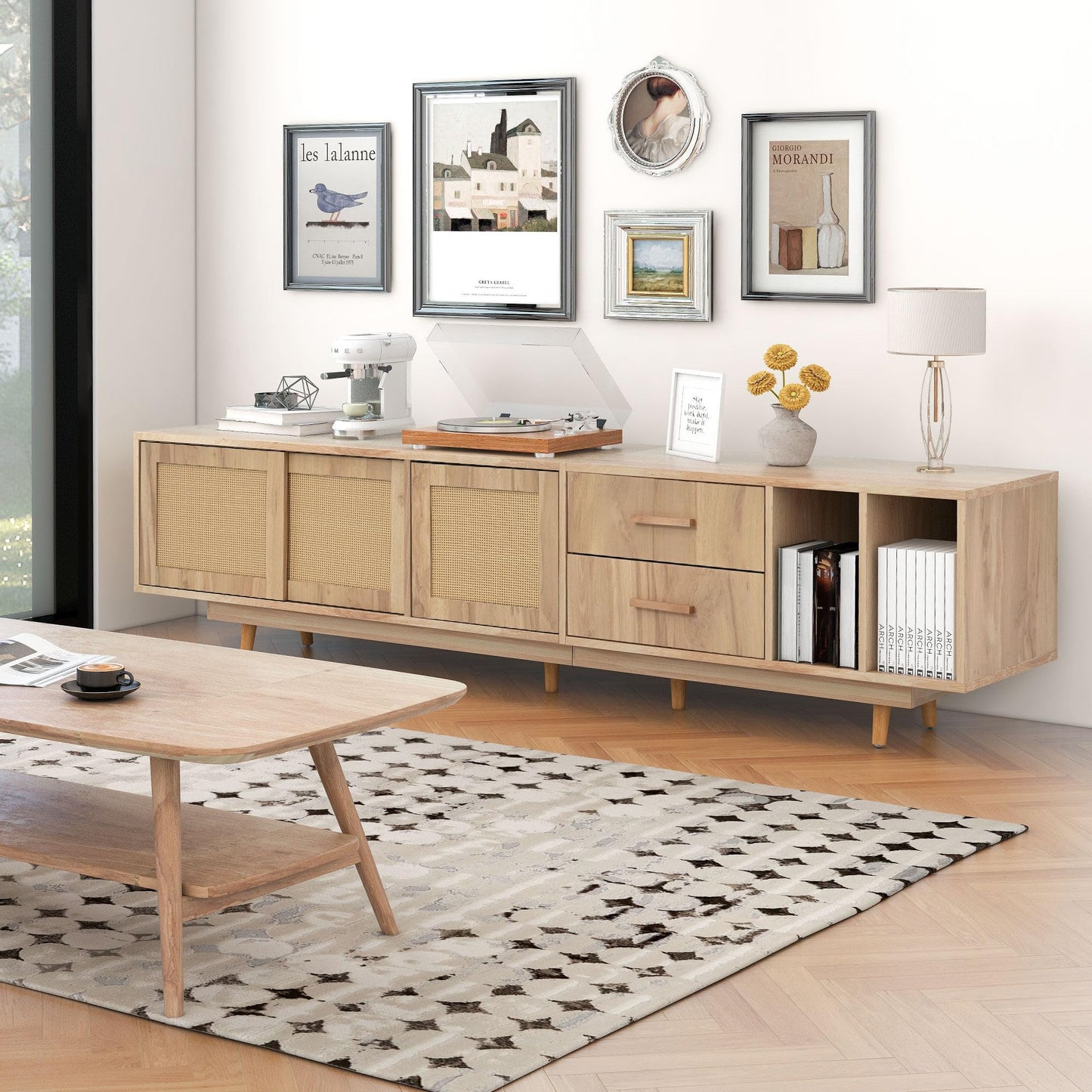 Meuble TV de Style Bohème en Rotin pour Téléviseurs de 80 Pouces, Meubles TV Bois, Banc TV Rustique avec 2 Casiers, 2 Tiroirs, 2 Étagères Ouvertes, Chambre Meuble Salon, 190x40x52 cm, Chêne Naturel