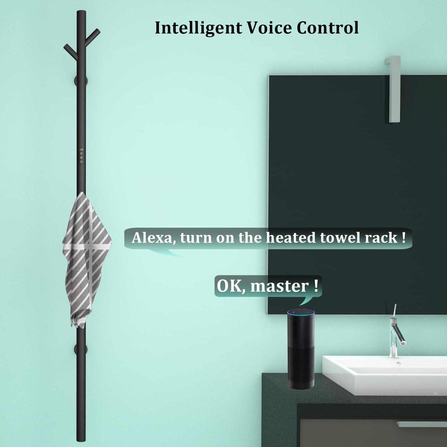 Sèche-Serviette Électrique Noir, 30 W Chauffe-Serviettes 1525×65mm WiFi Intelligent Porte-Serviettes Chauffant Électrique Mural Commande Tactile à LED Radiateur de Salle de Bain avec 3 Patère