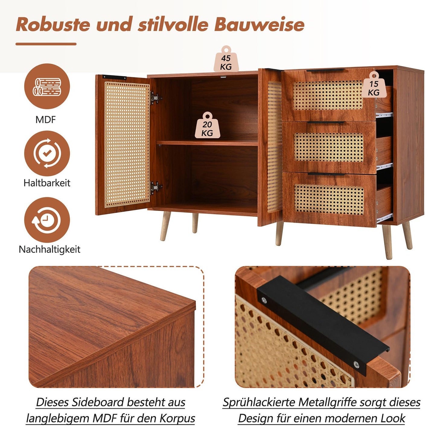 Meuble de Rangement, Buffet de Cuisine avec 2 Portes et 3 Tiroirs, Armoire de Salon Conception de Tissage en Rotin, Étagère Rangement Étagères Réglables, Poignée en Métal Peint, 120x38x78cm