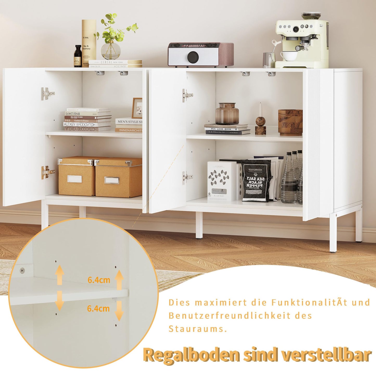 Buffet Blanc Moderne à 4 portes, Buffet Salle a Manger aux Lignes Uniques, Étagères Réglables, Porte sans Poignée, Beaucoup d'espace de Rangement, Vaisselier Bois, pour Salle à Manger Salon Cuisine