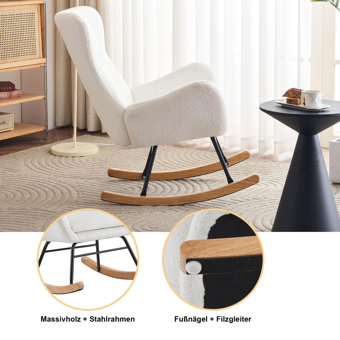SHUGUANG Chaise a Bascule avec Cadre en Bois Massif, Fauteuil À Bascule Teddy-Fleece-Stoff, Conception Simple Chaise de Lecture Fauteuil Bascule en Vigueur Chambre à Coucher, Salon