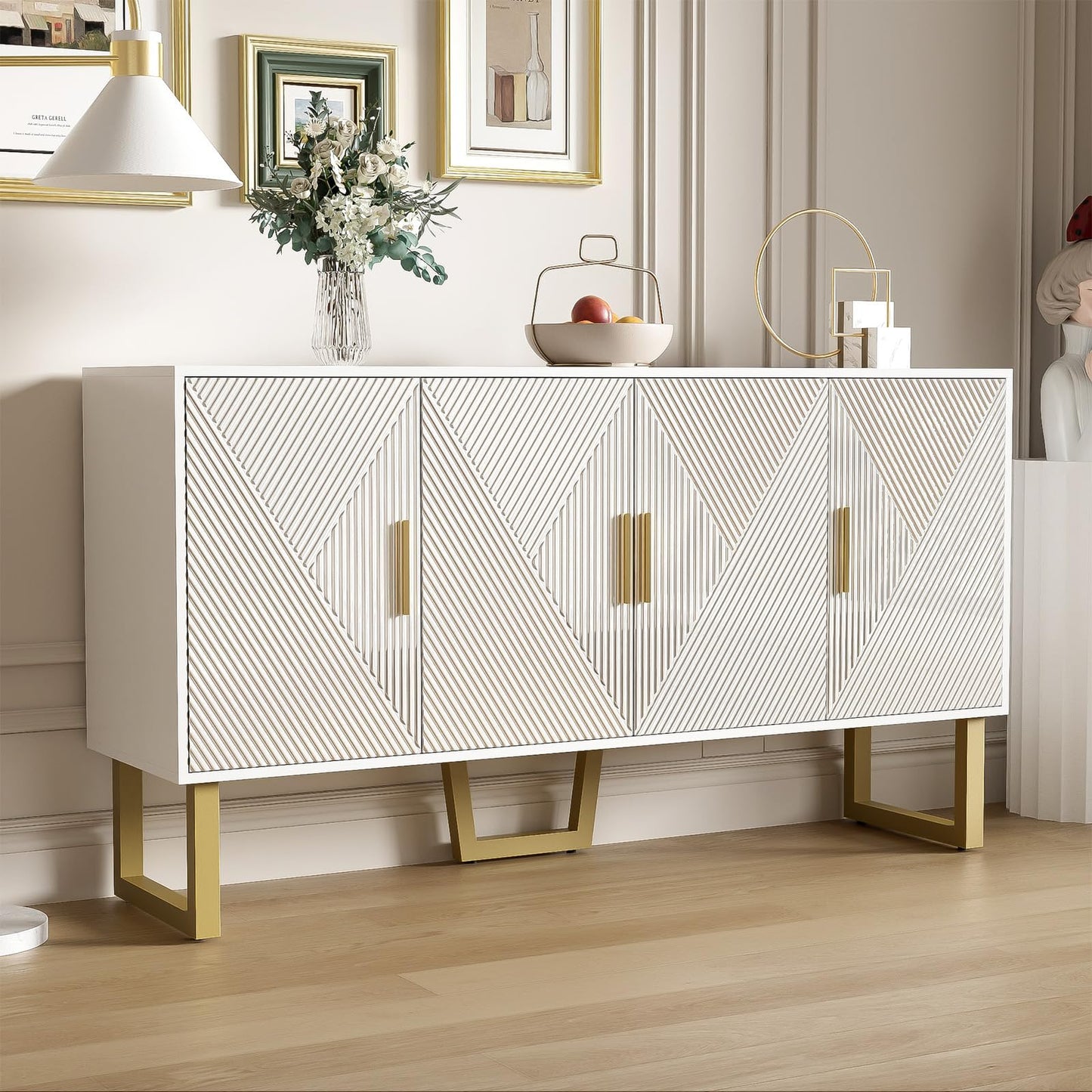 Buffet, meuble de rangement vertical Blanc, armoire multifonctionnelle, très grand espace de rangement, buffet avec portes brillantes et poignées dorées, design 4 portes, Buffet 150 x 40 x 82 cm