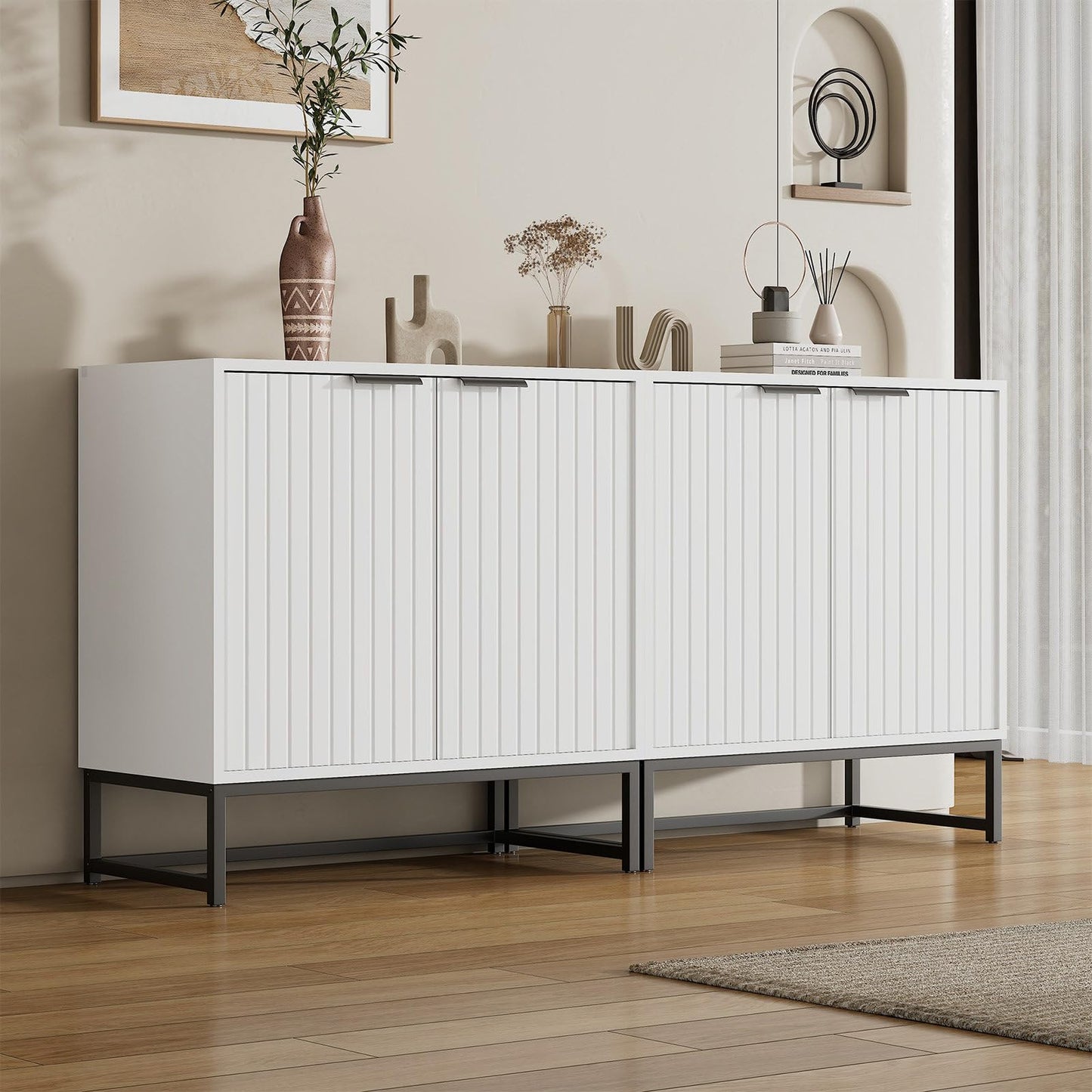 Sideboard mit 4 Türen, Küchenschrank Style Moderne, Schubladenschrank Hohe Tragfähigkeit, Mehrzweckschrank mit Metallgriffen und Rahmenbeinen, Kratzfeste Fußmatten, 160 x 80.5 x 40 cm (B/H/T)
