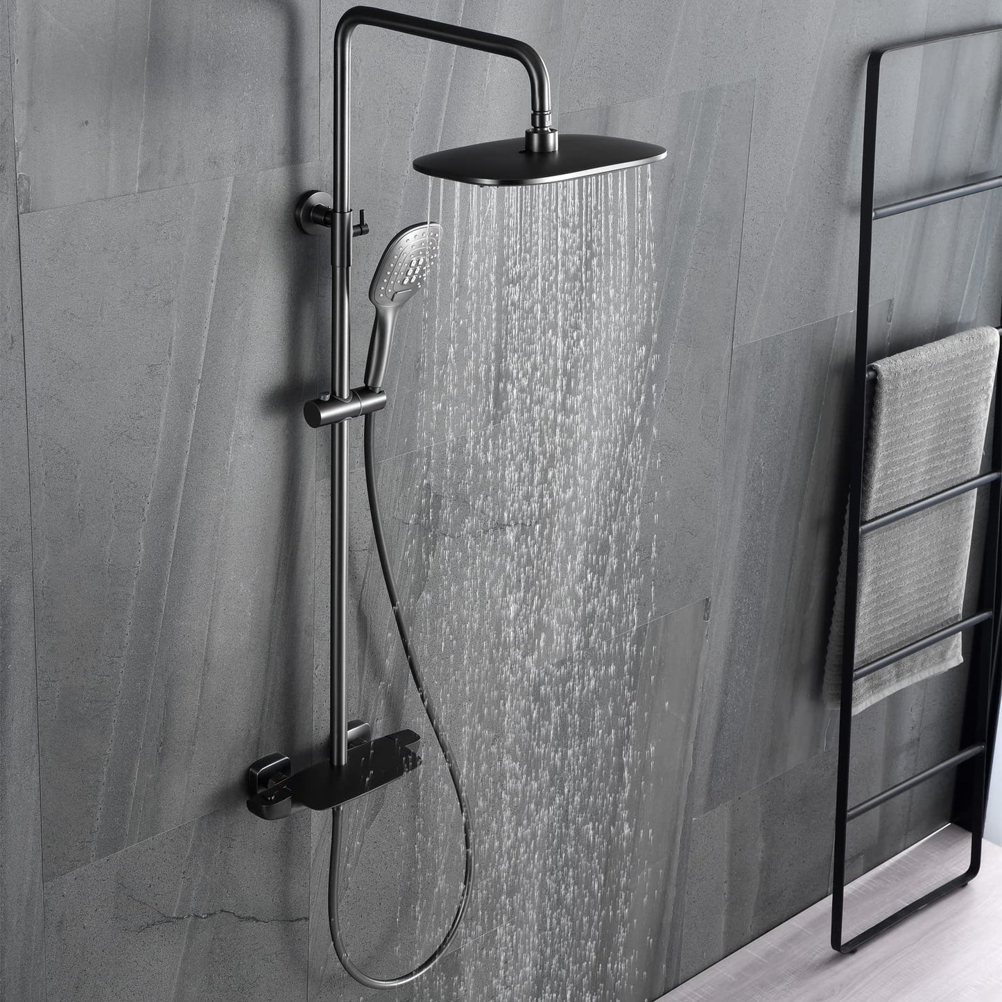Thermostatique Colonne de Douche avec Mitigeur Système de Douche Mural Gris Pistolet Ensemble de Douche Hauteur Réglable Kit de Douche avec 32*20CM Pomme de Douche e Douchette à 3 Modes, Bec Baignoire