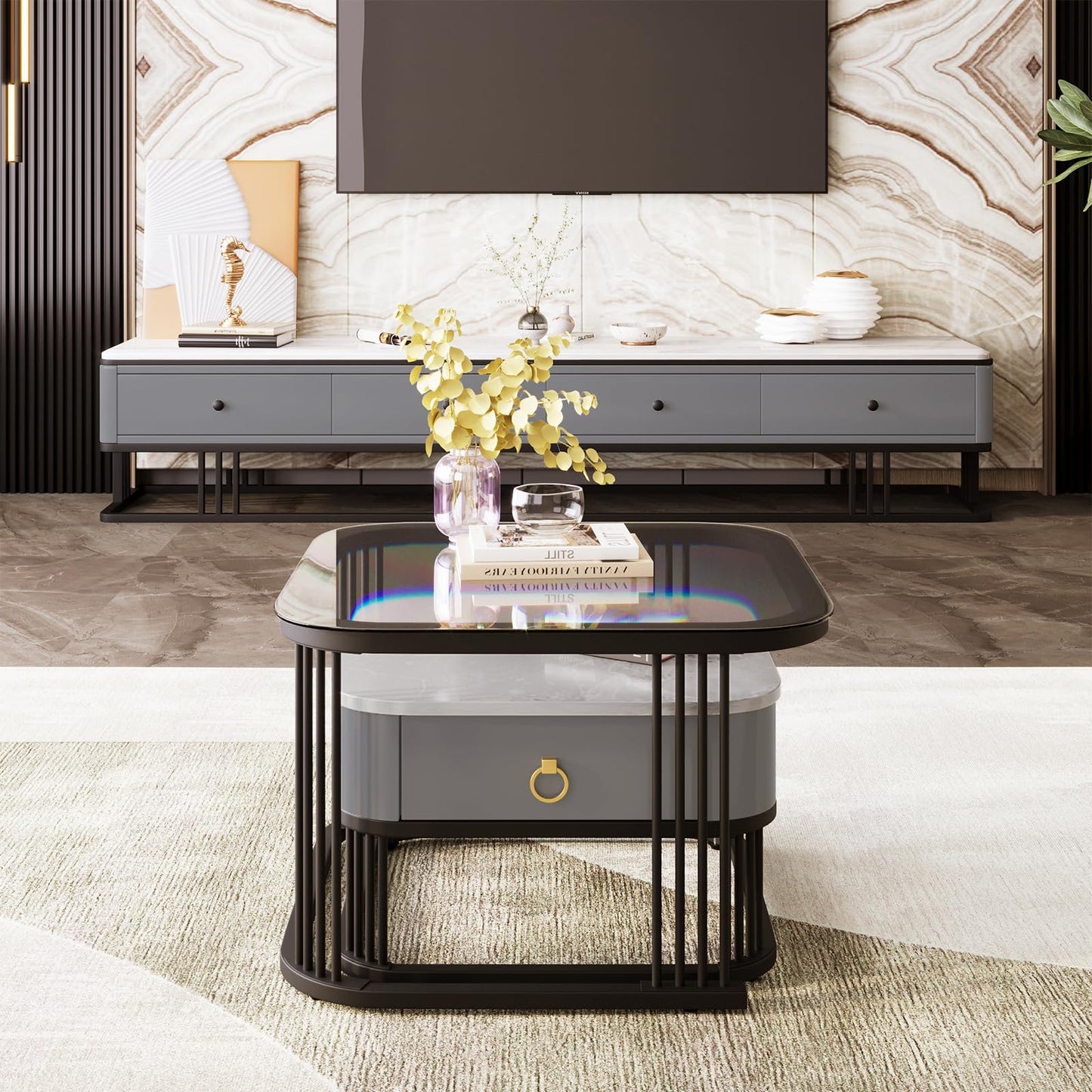 Peiaw Table Basse,Lot de 2 Tables Basses carrées,Aspect marbre Brillant Gris et Plateau en Verre,Noir Structure en métal et poignée dorée,avec tiroirs,Table de Salon 60x60x45cm & 50x50x34cm