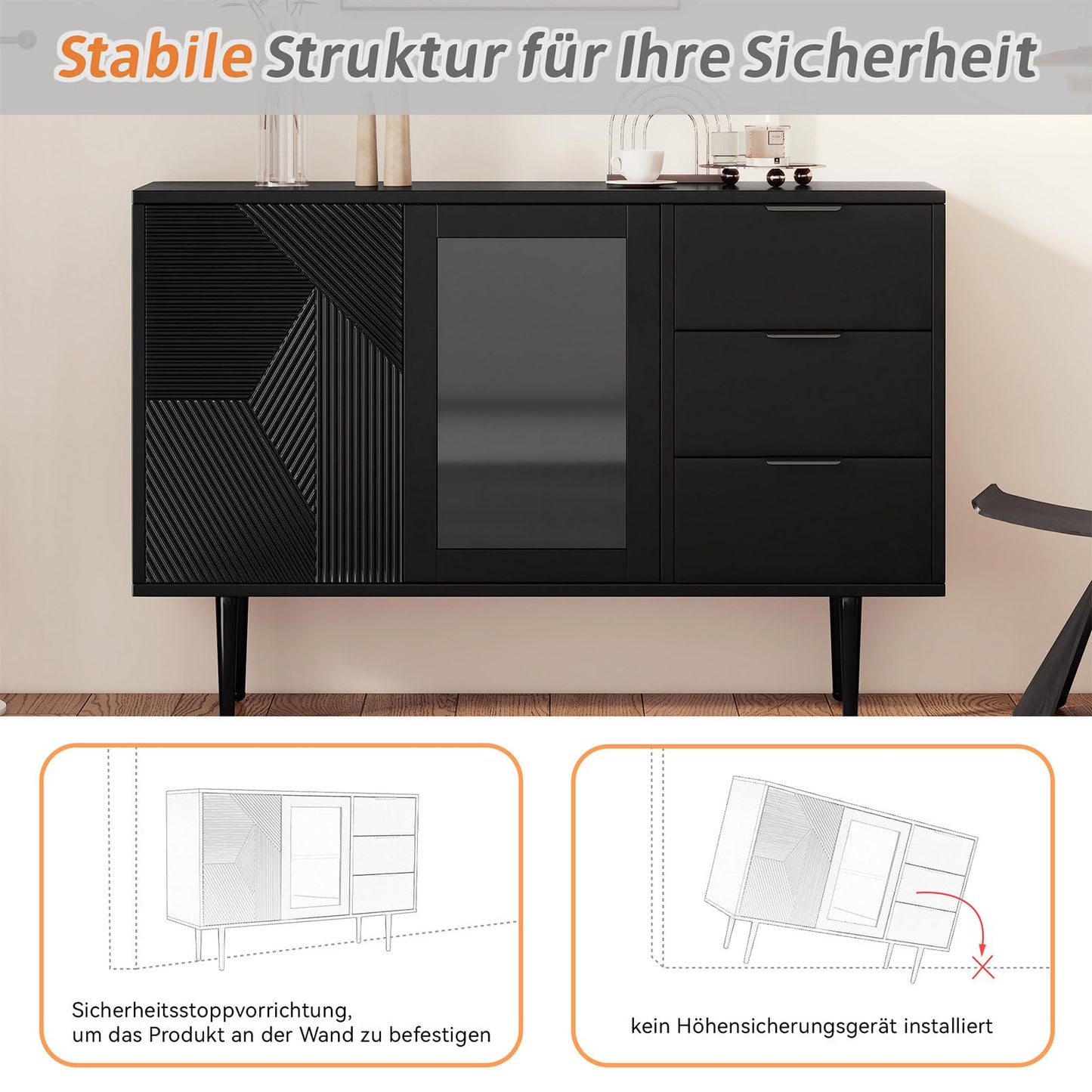 Meuble de Rangement, Buffet Cuisine 2 Portes 3 Tiroirs, Commode Conception sans Poignée, Armoire de Salon Anti-Basculement, Bibliothèque Portes en Verre et Pieds en Métal, 120 x 38 x 79.5cm