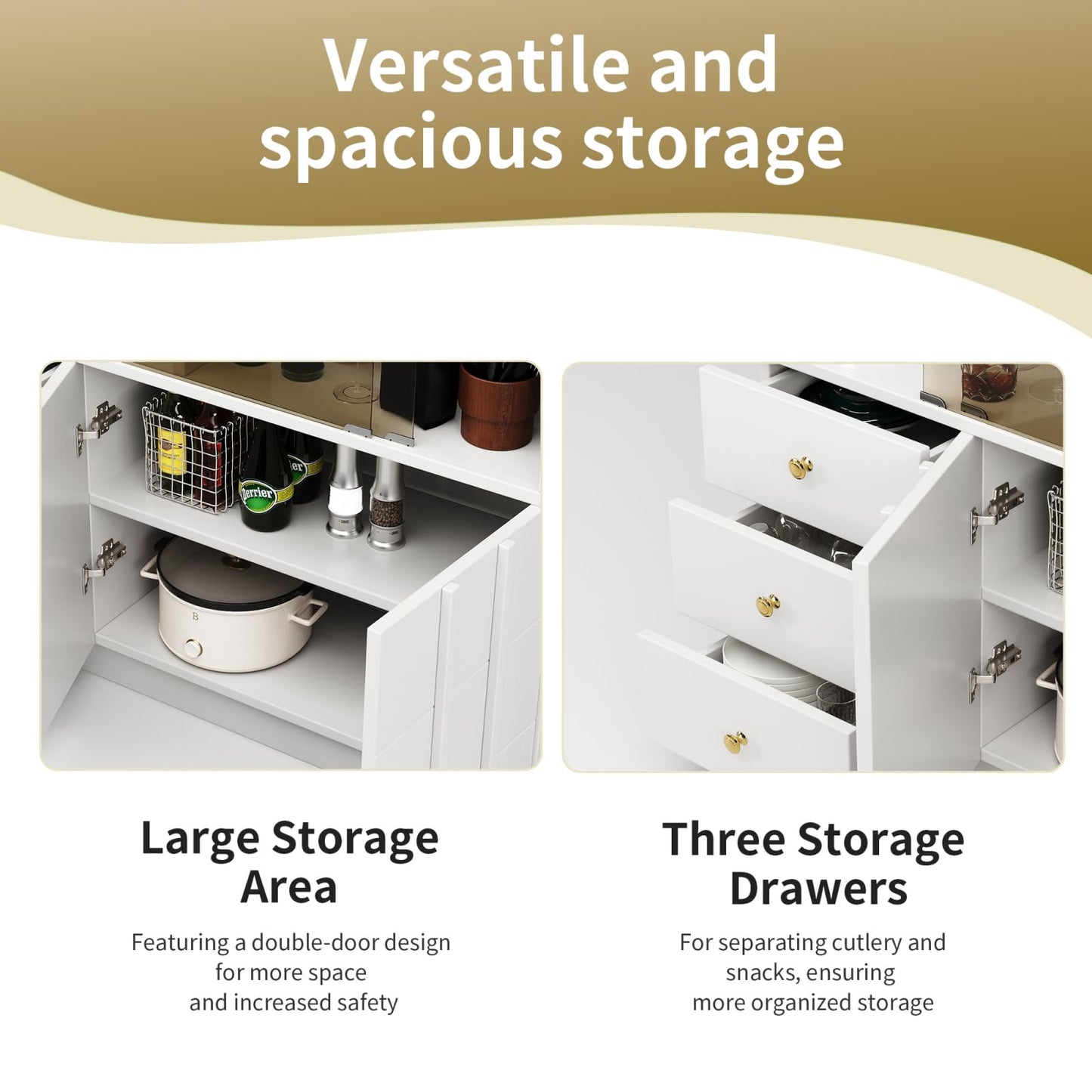 Buffets, meuble de rangement,meubles de salon modernes,Armoires de cuisine blanches,Commode avec poignées dorées et portes coulissantes en verre fumé,buffet avec 2 portes et 3 tiroirs 120×33×95 cm