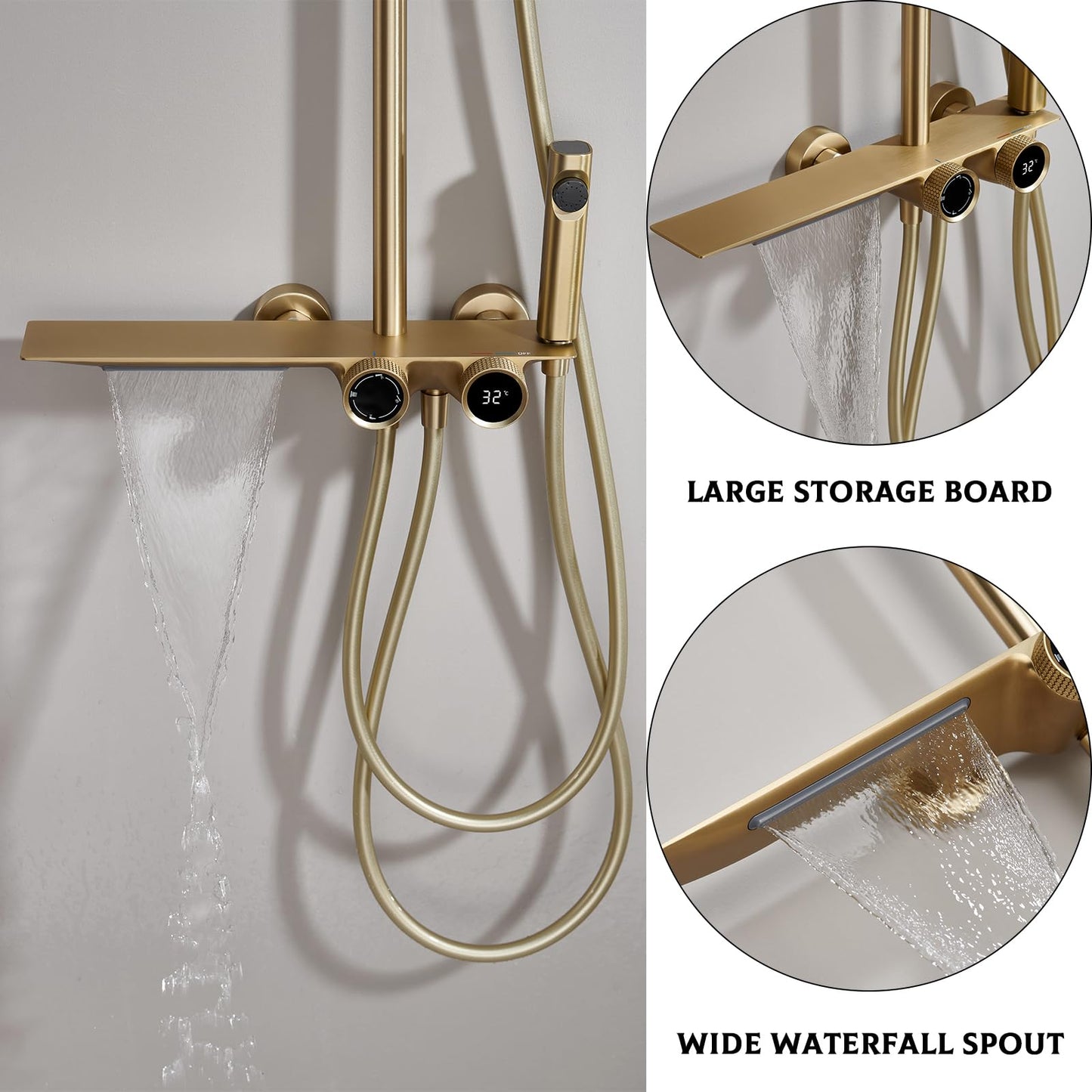 OihPaw Or Brossé Colonne de Douche avec Mitigeur, Système de Douche avec Affichage Numérique LED Ensemble de Douche avec 32 * 20CM Pomme de Douche e Douchette à 3 Modes