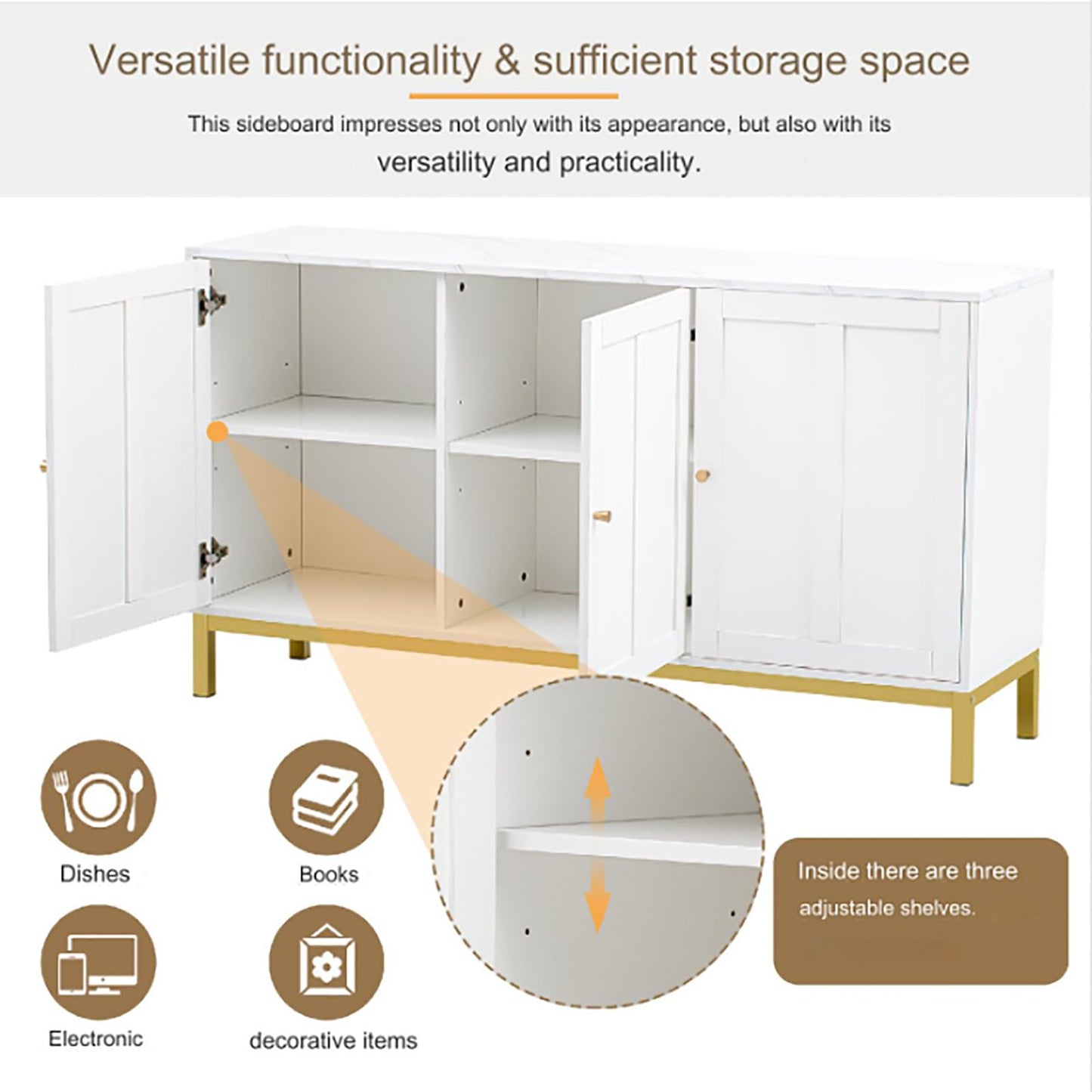 Peiaw Buffet,Armoire de Cuisine, Meuble de Rangement,Buffet de Table en marbre Blanc,avec 3 Portes, Buffet avec poignées dorées et Pieds dorés,140 x 39.8X 78.2 cm,pour Cuisine,Salon et Salle à Manger