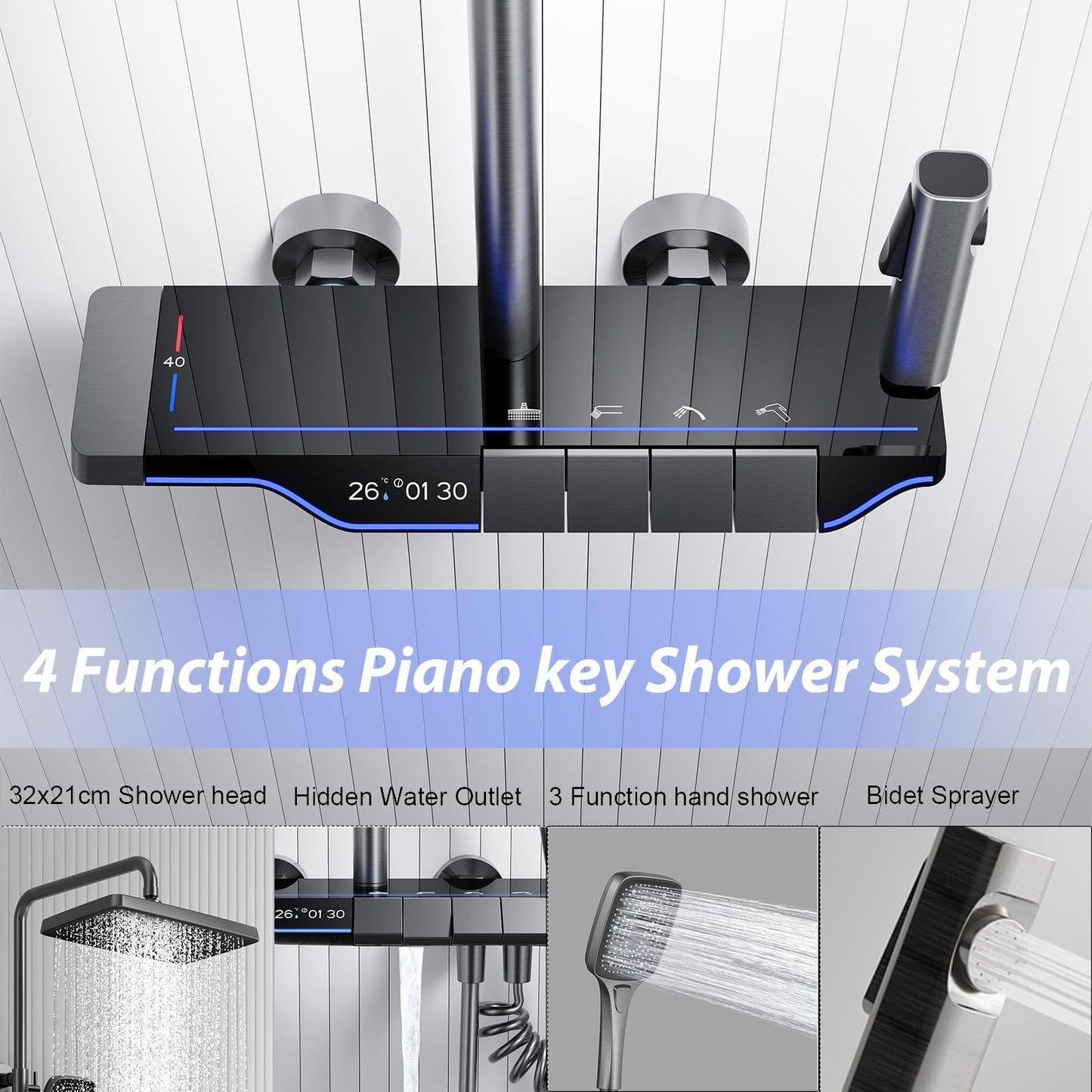 OihPaw Colonne de Douche Thermostatique Systeme de Douche Piano avec Affichage Numérique LED Ensemble de Douche Mitigeur Hauteur Réglable avec 30X21CM Douche de Tête et Douchette