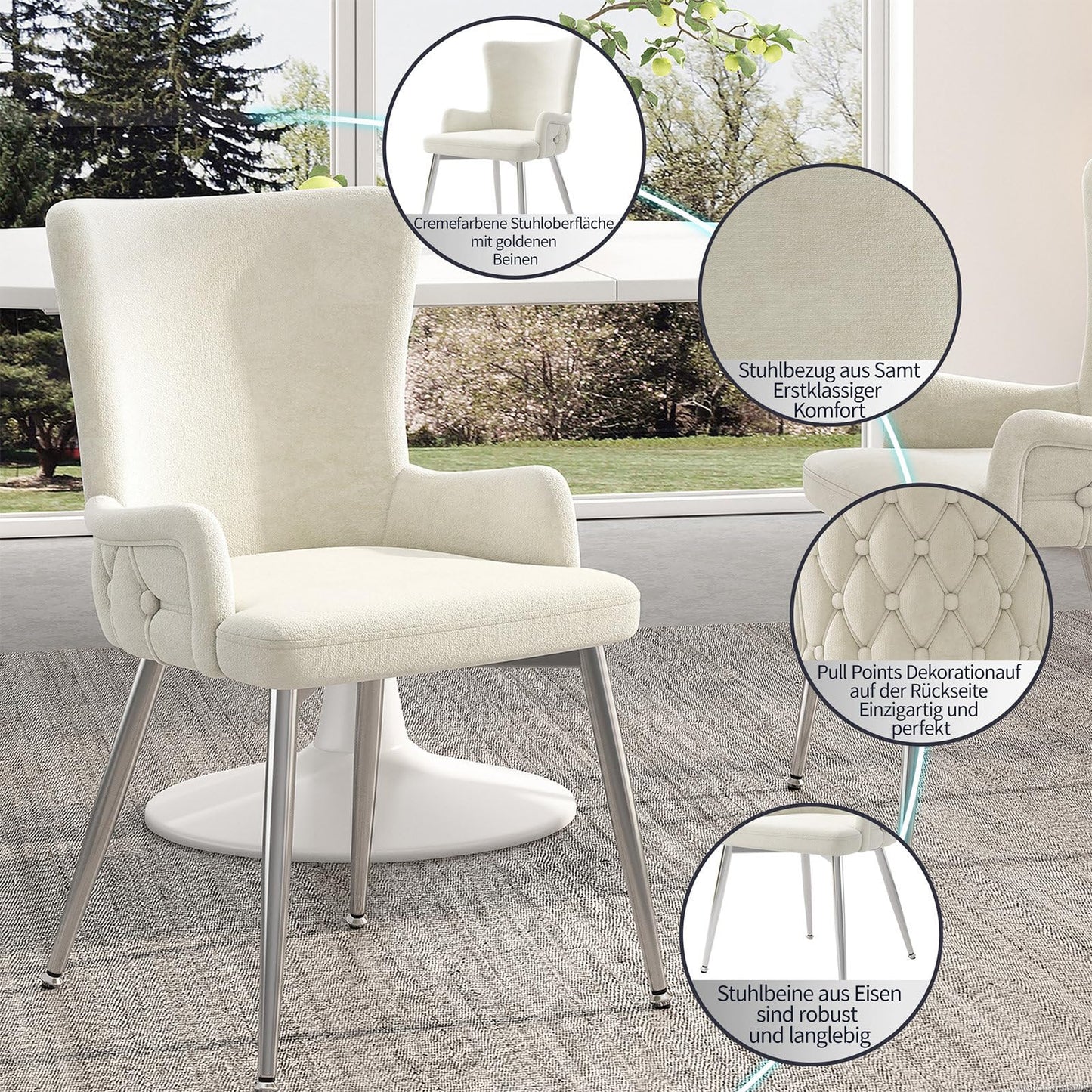 Chaise Salle a Manger Lot de 2, Fauteuil Salon Velours, Chaise de Cuisine Capacité de Charge de 260 LB, Chaise Coiffeuse Salon Chambre Salle à Manger, avec Pieds de Support en Métal Argenté