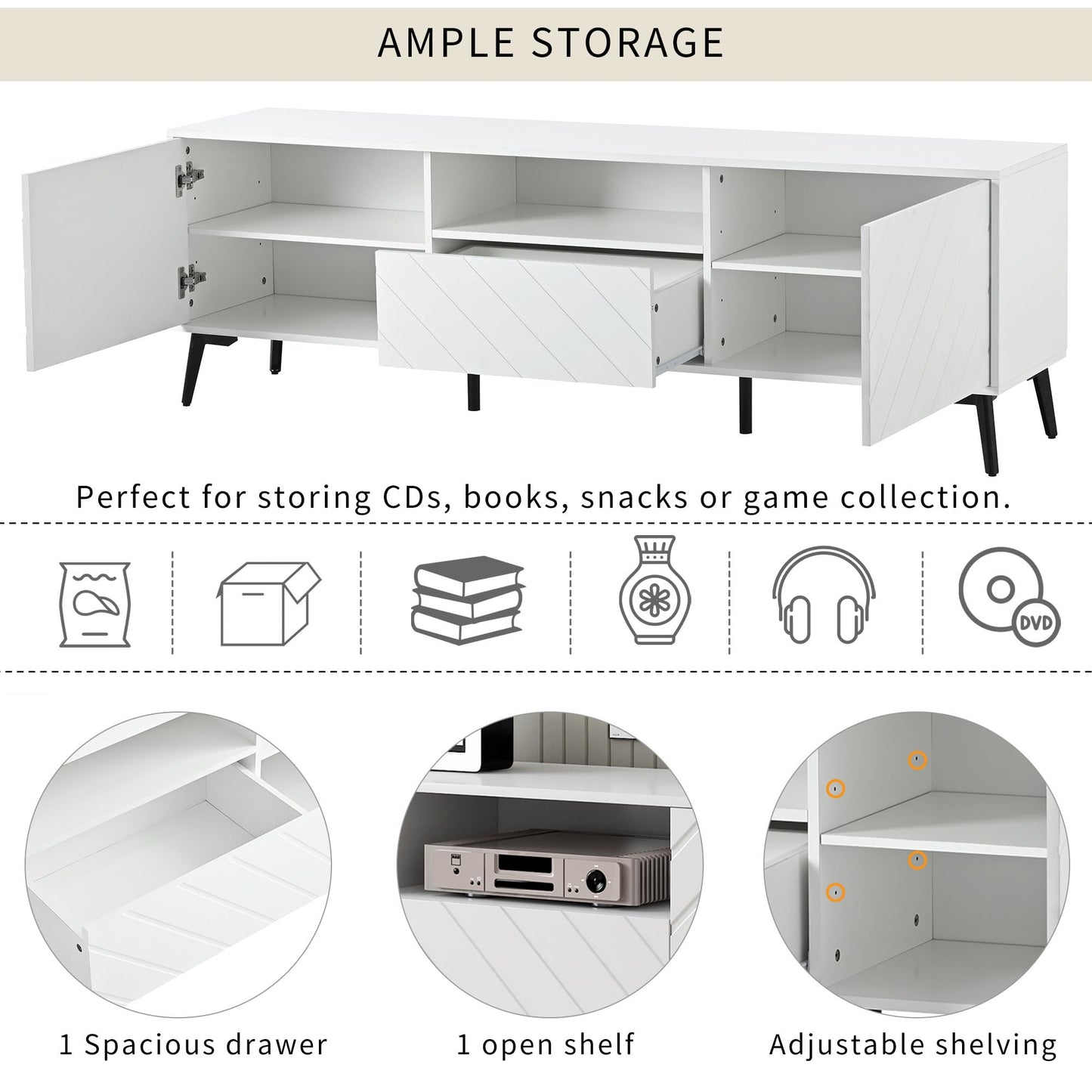 170cm Meuble TV Blanc pour TV 70 pouces, Moderne et Simple Banc TV avec 2 Portes et 1 Tiroir, Séparateurs Internes Réglables, Pieds en Métal Robustes avec Coussinets Souples, Facile à Assembler