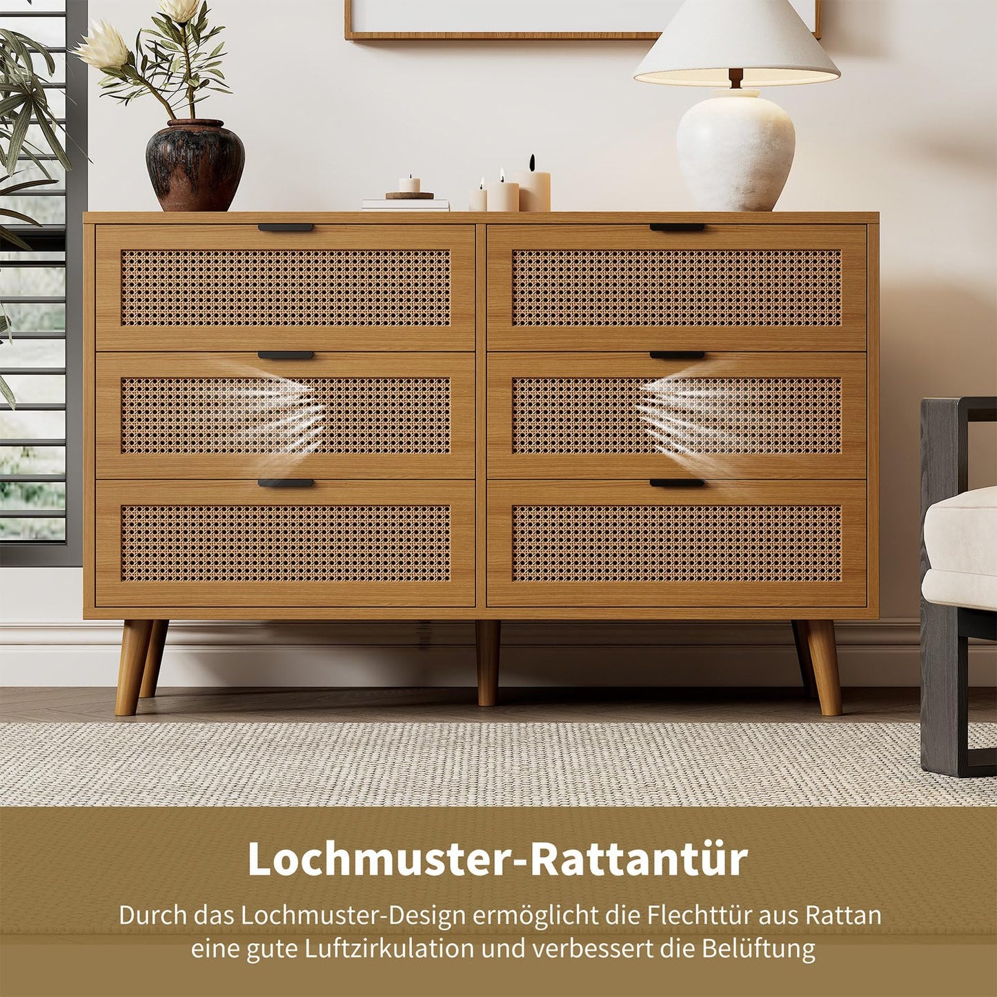 Kommode Mit 6 Schubladen, Sideboard Perforierte Rattantür, Mehrzweckschrank für Wohnzimmer, Esszimmer, Schubladenschrank Hohe Tragfähigkeit, Schrankbeine aus Massivholz, Metallgriff, 120 x 40 x 76.5cm