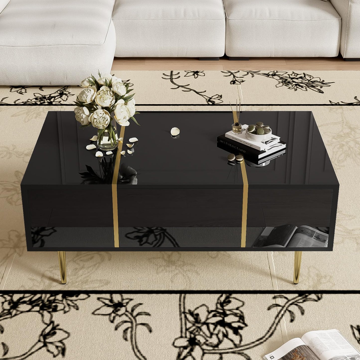 Peiaw Table Basse,Table Basse Salon,Noir Table Basse Brillante,Table Basse carrée Moderne,Table Basse avec Deux tiroirs,Pieds de Table dorés,Garde au Sol 19,5 cm,Table Basse 100 x 60 x 41,5cm
