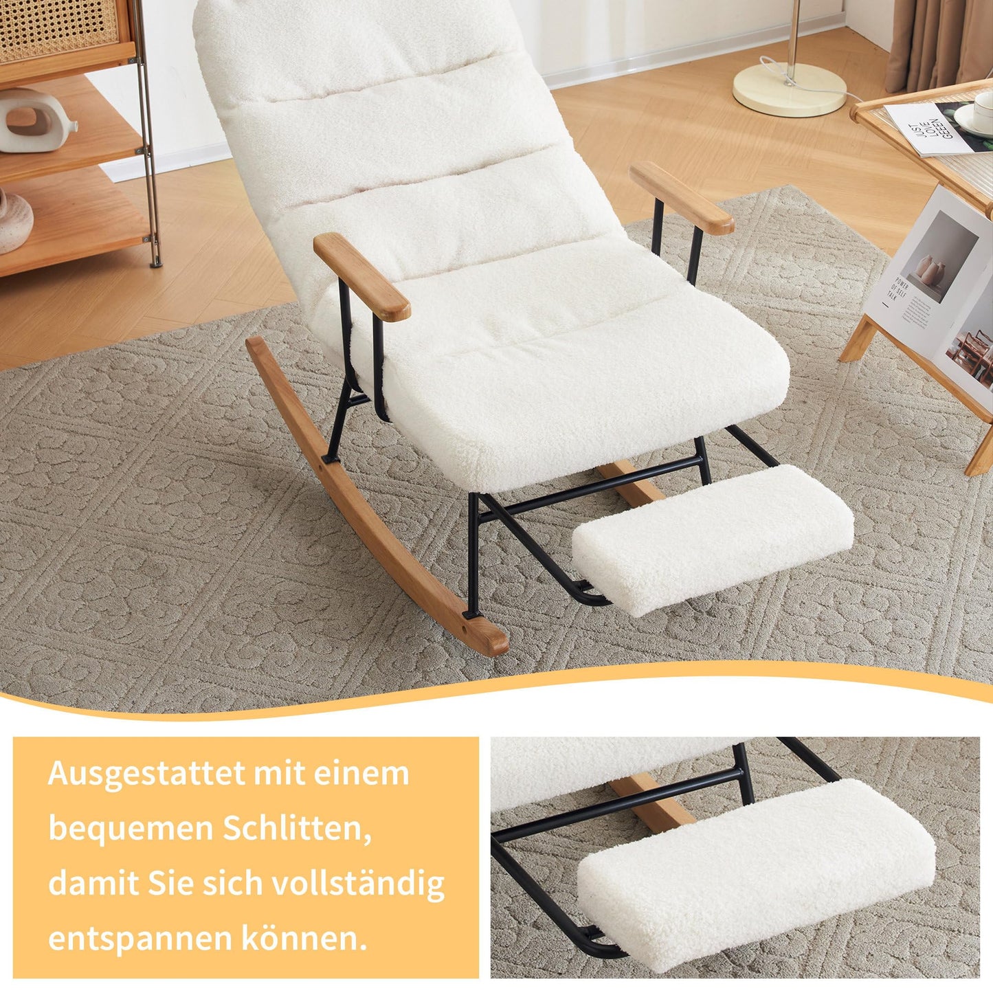 SHUGUANG Tissu Fauteuil Bascule, Fauteuil Chambre pour Lecture avec Mécanisme de Repose-Pieds Manuel, Réglage par Gravité Chaise de Lecture Fauteuil Bascule en Vigueur Chambre à Coucher, Salon