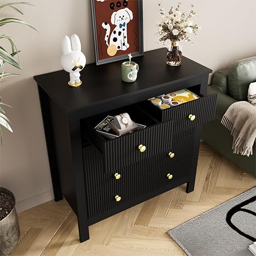 Peiaw Commode,Noir bahut de Salle a Manger,Commode Verticale à 5 tiroirs,Commode avec poignées dorées, casier, Meuble à Chaussures 79 x 39.5 x 80.5 cm, adapté pour Balcon, Chambre et Bureau