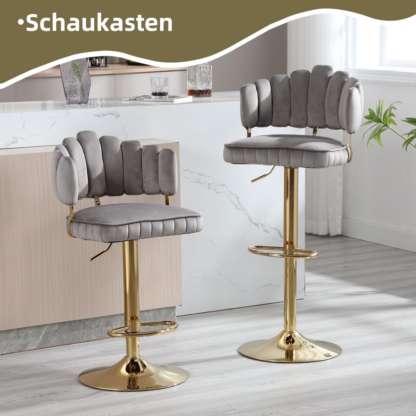 Tabouret Bar Lot de 2 Pivotants Velours Chaise de Bar à Hauteur Comptoir avec Dossier, Repose-pieds, Chaise Haute Bar Comptoir Réglables, Chaises D'îlot pour Salle à Manger, Noir/Gris/Ivoire/Émeraude