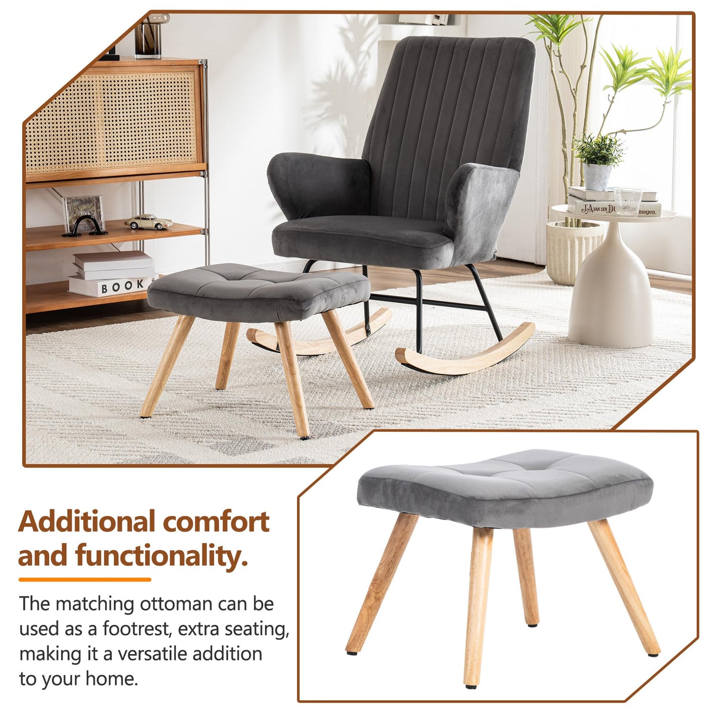 Gris Fauteuil À Bascule, Chaise de Lecture avec Velours, Rocking Chair Hauteur 97 cm, Largeur D'assise 45 cm avec Repose-Pieds (48*37*37 cm), Chaise a Bascule Approprié Coucher, Salon, Dortoir