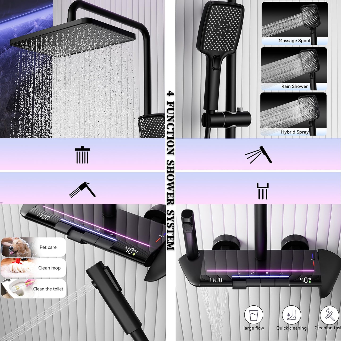 Colonne De Douche Avec Mitigeur Thermostatique Système De Douche Affichage Numérique LED Ensemble De Douche Avec Pommeau De Douche, Douchette, Bidet Douche, Robinet De Baignoire, Réglable (Noir)