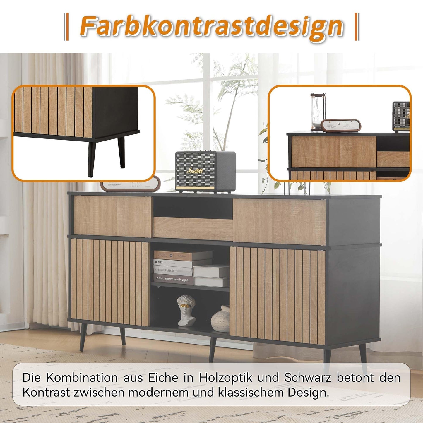 SHUGUANG Buffet élégant moderne avec 4 portes coulissantes et 1 tiroir, chêne combiné avec noir, armoire de buffet pour salon, cuisine, chambre à coucher, entrée, 160 x 40 x 80 cm