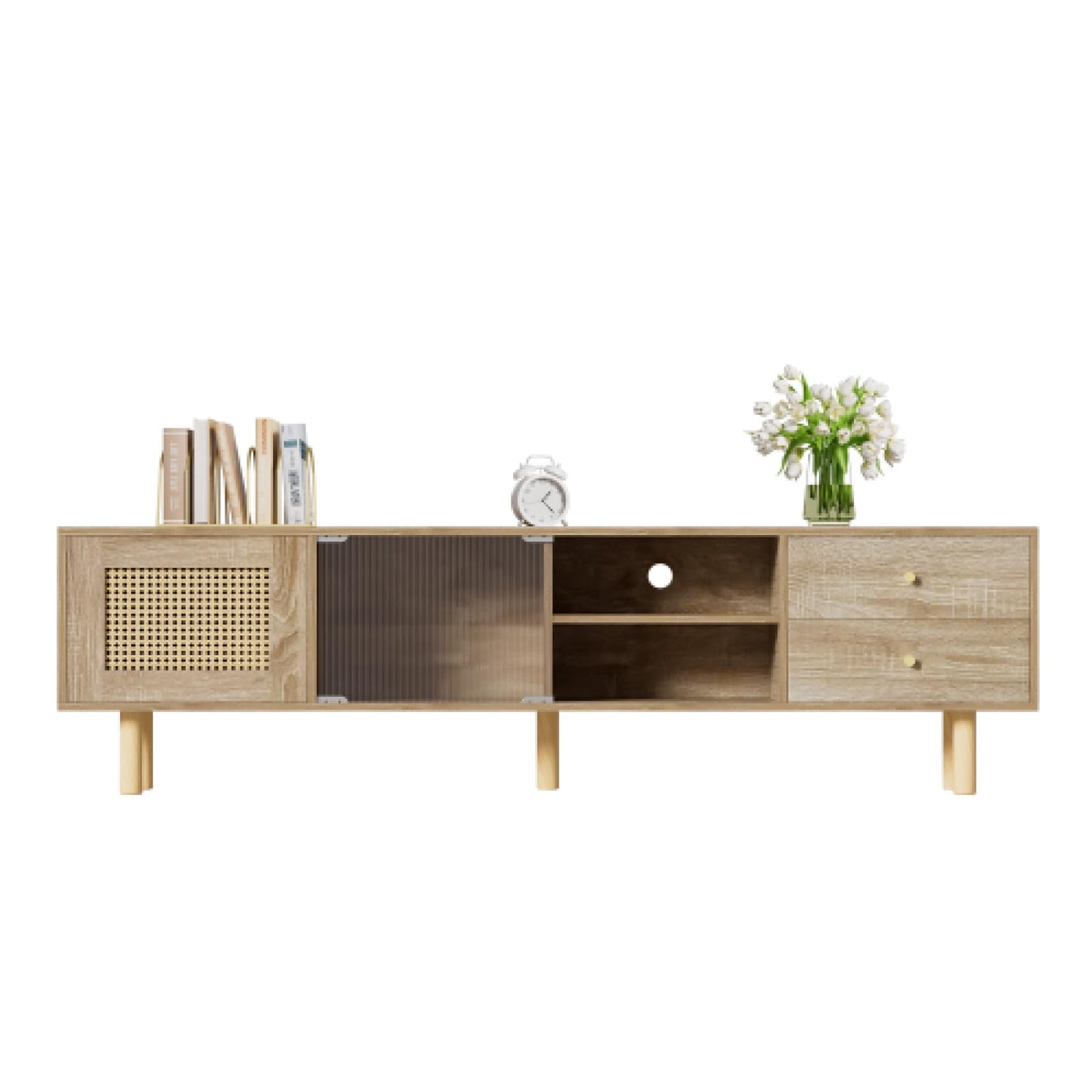 Meuble TV,Meuble TV avec Porte en rotin,Meuble TV en Bois avec Porte coulissante en Verre,Table TV, Banc TV avec Deux tiroirs,Meuble TV avec cloisons Ouvertes,Meuble TV Salon Dimensions 172x35x48cm