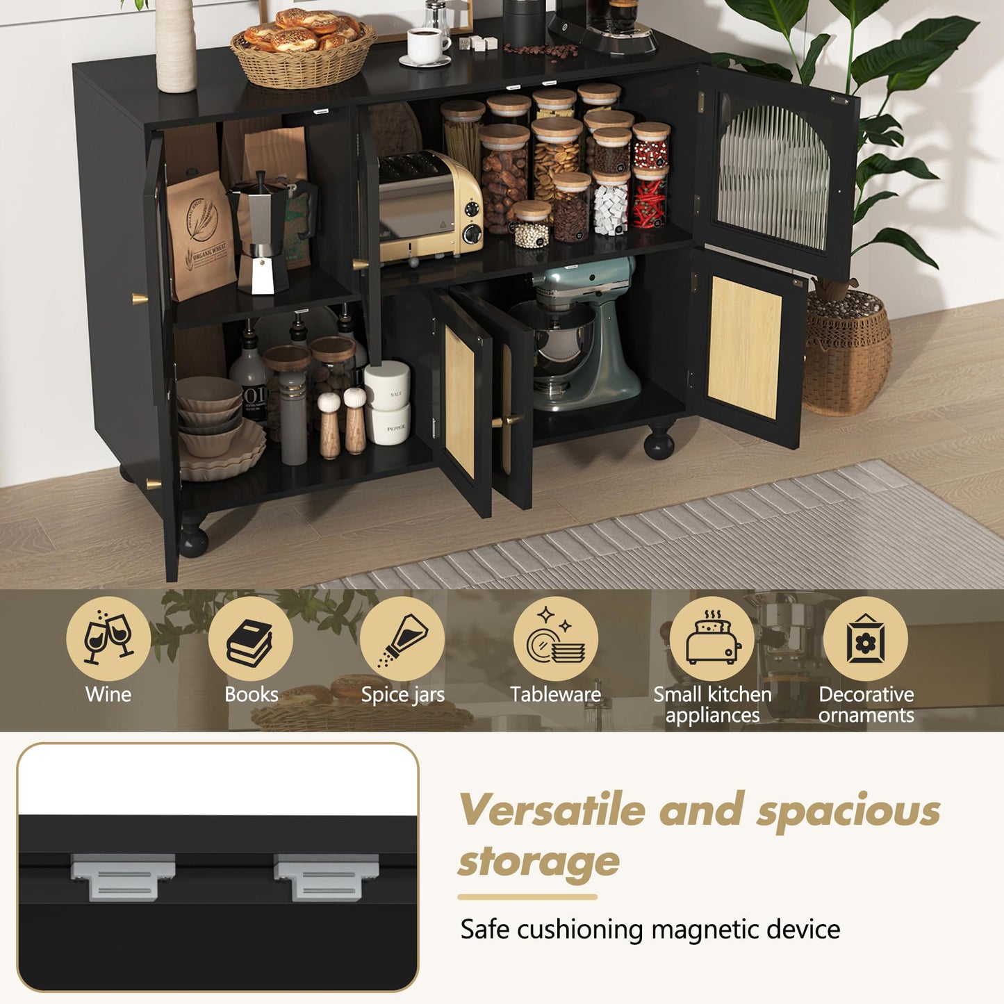 Buffet Salon Moderne, Longue Porte en Verre au Design Arc-en-ciel, Porte de Bar à clés de Piano, Pieds de Colonne Ronds, Armoire de Rangement Élégante, Armoire de Buffet au Design Unique, Blanc/Noir