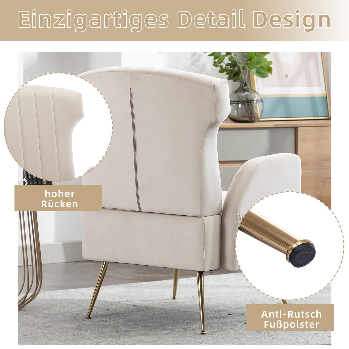SHUGUANG Fauteuil Confortable Velours, Fauteuil Salon Confortable Chaise Coiffeuse avec Pieds Métalliques Dorés, Forme de Chaise Cigare Chaise de Lecture en Vigueur Chambre à Coucher, Salon